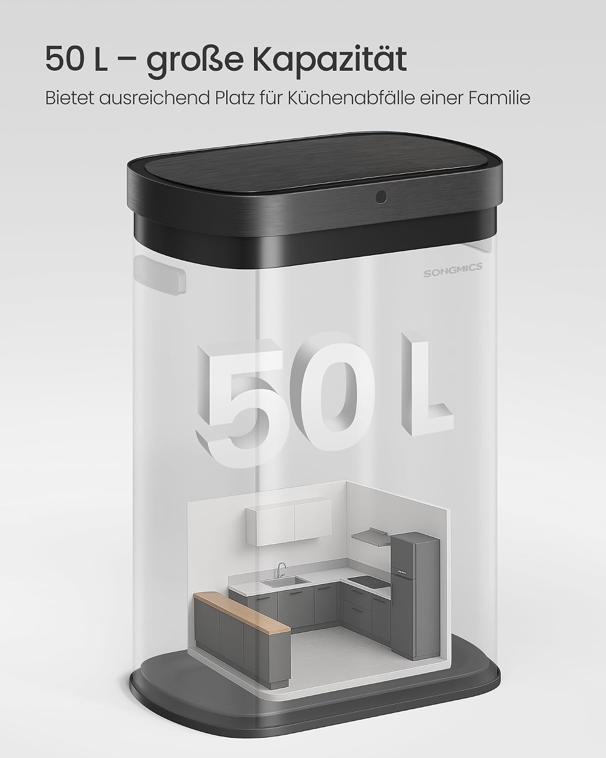 Thumbnail 6 de SONGMICS Sensor-Abfalleimer 50 L – Mülleimer mit Sensor, Softclose, Stahl, inkl. 15 Müllbeutel (LTB640E01, metallicsilber-tintenschwarz)