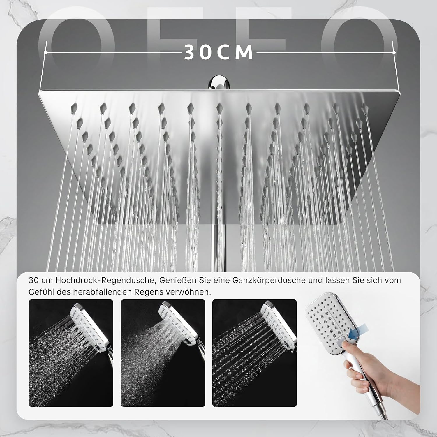 Thumbnail 1 de OFFO Regendusche ohne Armatur Chrom, 30x30 cm, Edelstahl-Duschset – Höhenverstellbar, 1,6 m Twist-Free Duschschlauch
