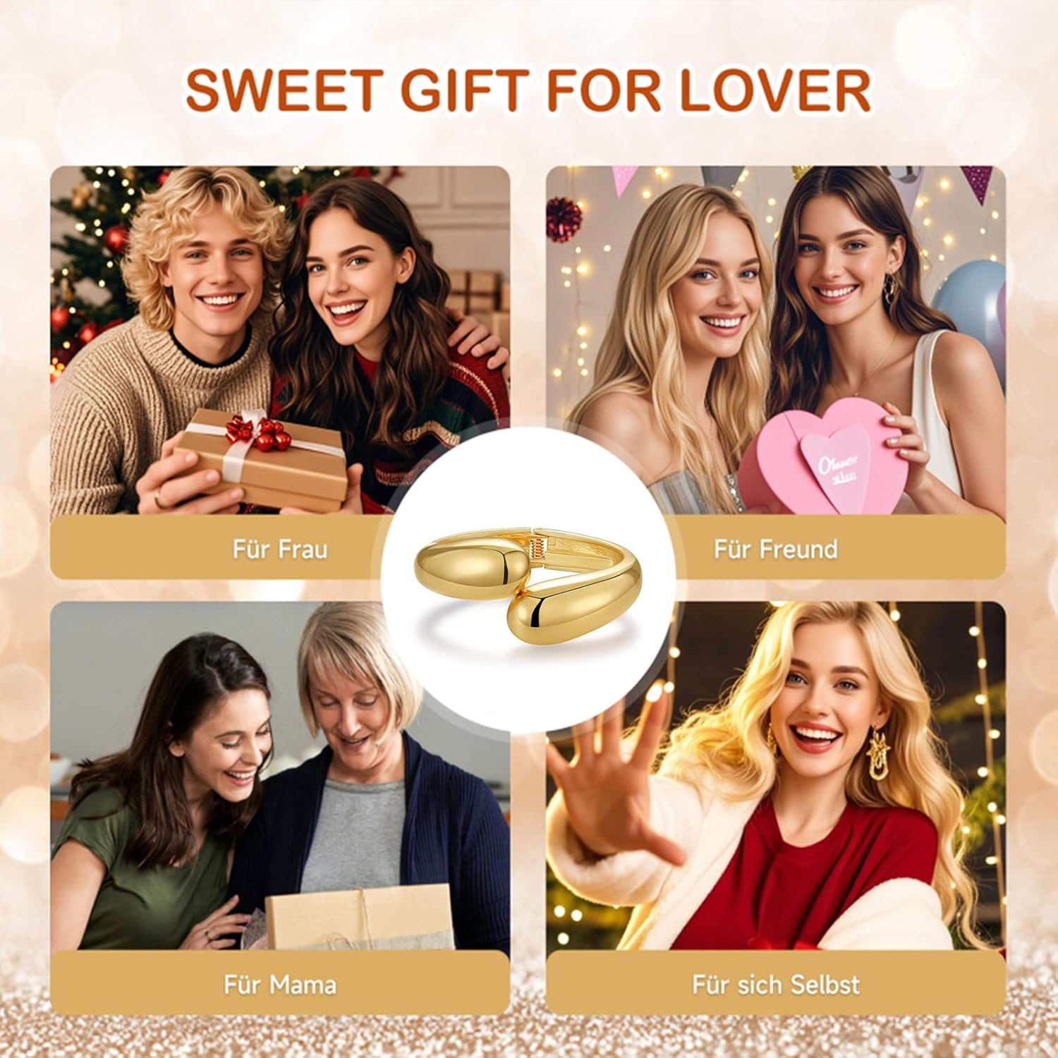 Detalle de HEEYA Armreif Damen Gold – Offenes verstellbares Manschettenarmband in Geschenkbox