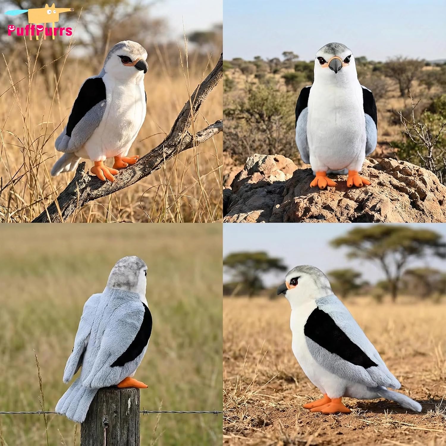 Detalle de PuffPurrs Black-winged Kite Plush – 11in Lifesize Bird of Prey Toy
