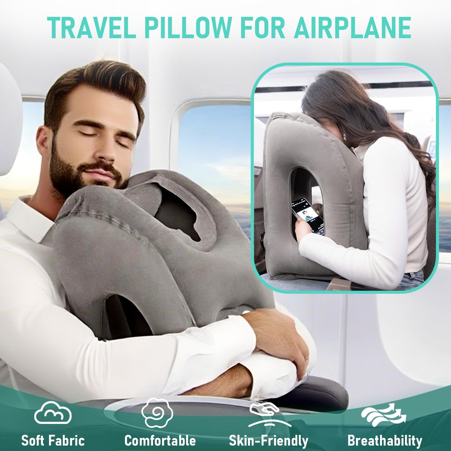 Detalle de 2 Pack Inflatable Travel Pillow for Airplane – Ergonomic Neck Support for Long Flights (Grey)