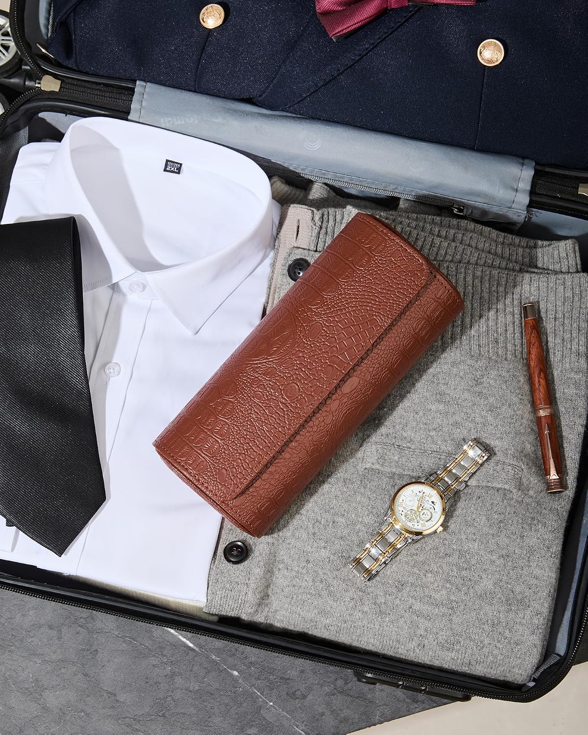 Detalle de RUDDYROC Watch Travel Case, Croc-Embossed Leather