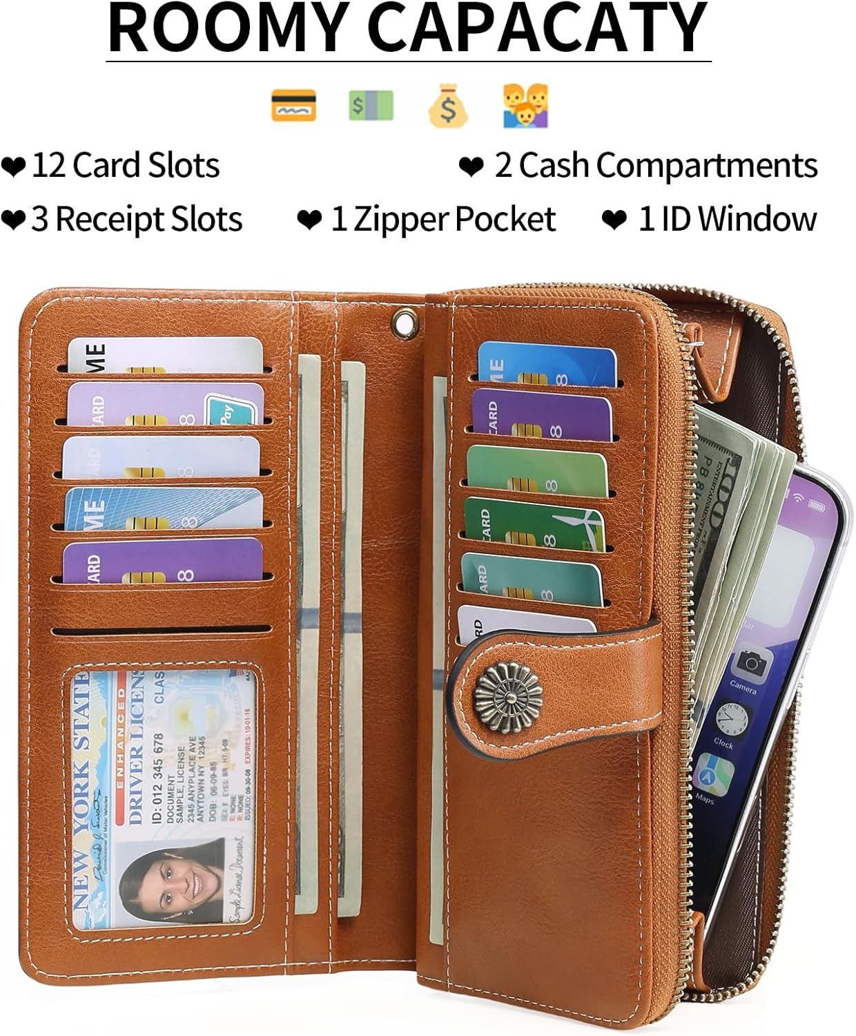 Thumbnail 1 de GOIACII Damen-Geldbörse mit RFID-Schutz aus Leder, groß, mit 13 Kartenfächern und abnehmbarer Handschlaufe (braun)