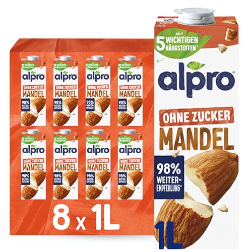 Alpro Mandeldrink Ohne Zucker – 8 × 1 L: vegan, lactosefrei und kalziumreich