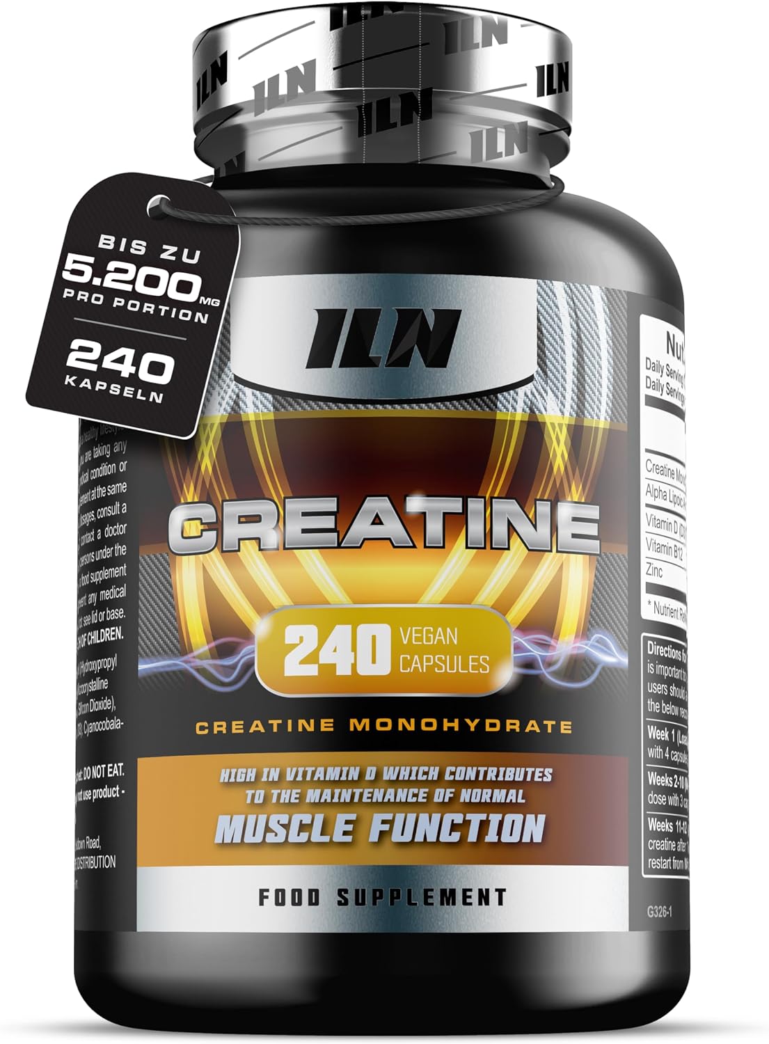 Detalle de ILN Creatin Kapseln – 5.200 mg Kreatinmonohydrat pro Tag, 240 vegane Kapseln