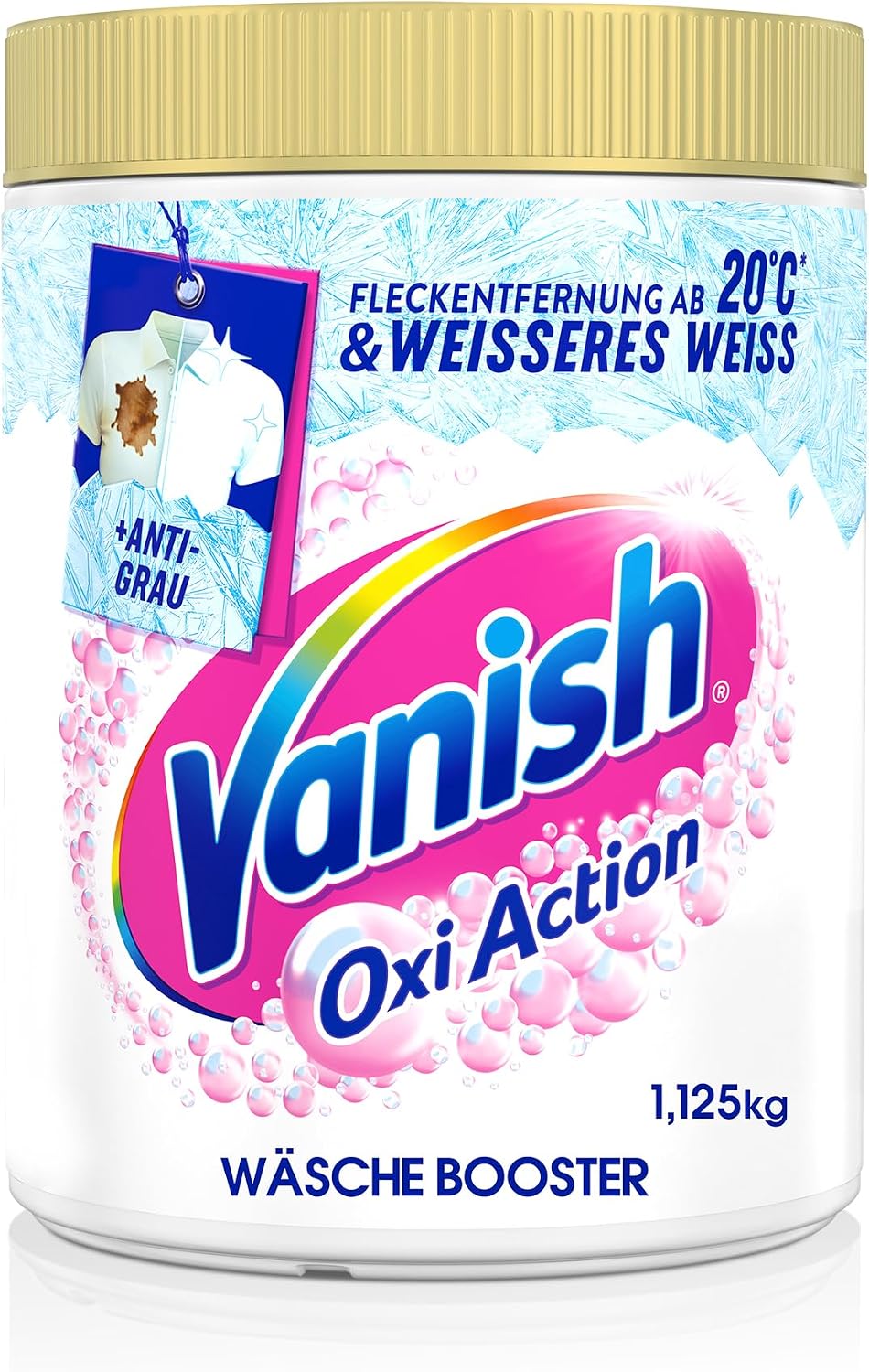 Detalle de Vanish Oxi Action Powerweiß Pulver (1 x 1,125 kg) – Fleckenentferner und Wäsche-Booster ohne Chlor für weiße Wäsche