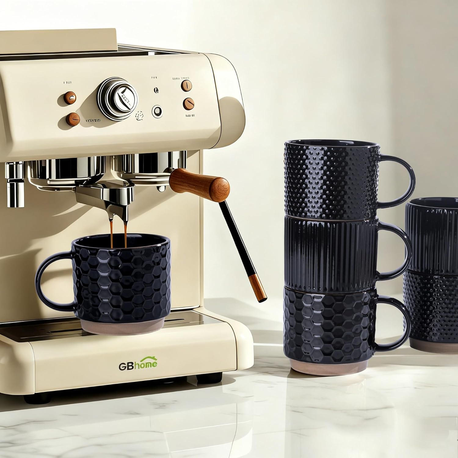 Detalle de GBhome 15OZ Stackable Ceramic Coffee Mugs – Textured 4-Piece Set
