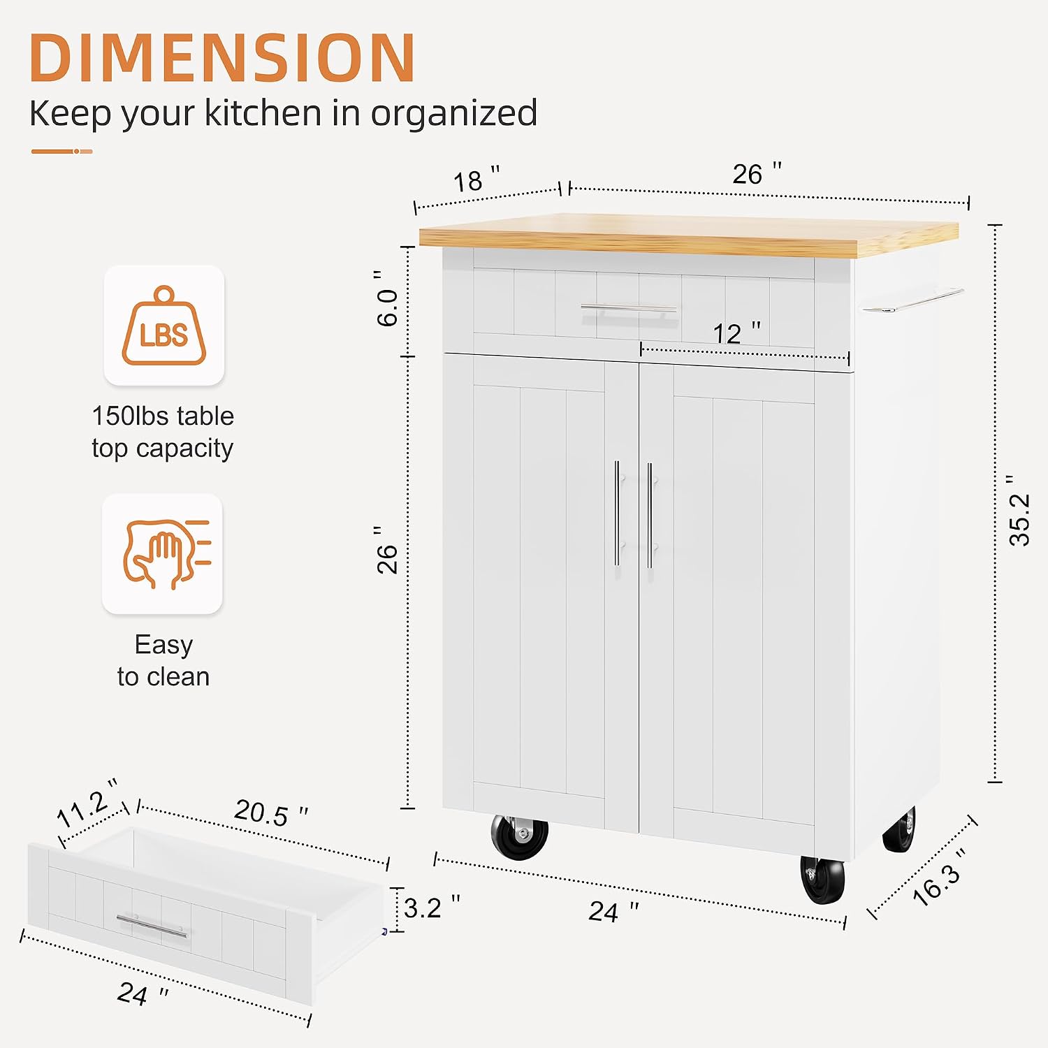 Detalle 2 de Shintenchi DT828 Rolling Kitchen Island Cart, White, with Cabinet and Drawer