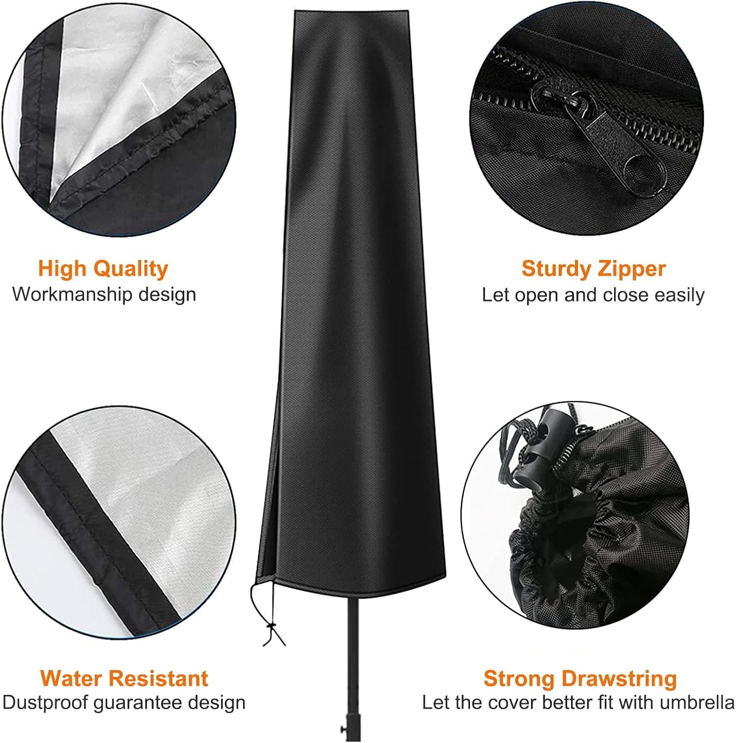 Detalle 2 de OKPOW 600D Oxford waterproof patio umbrella cover with zip – for ~Ø 300 cm offset umbrellas, black