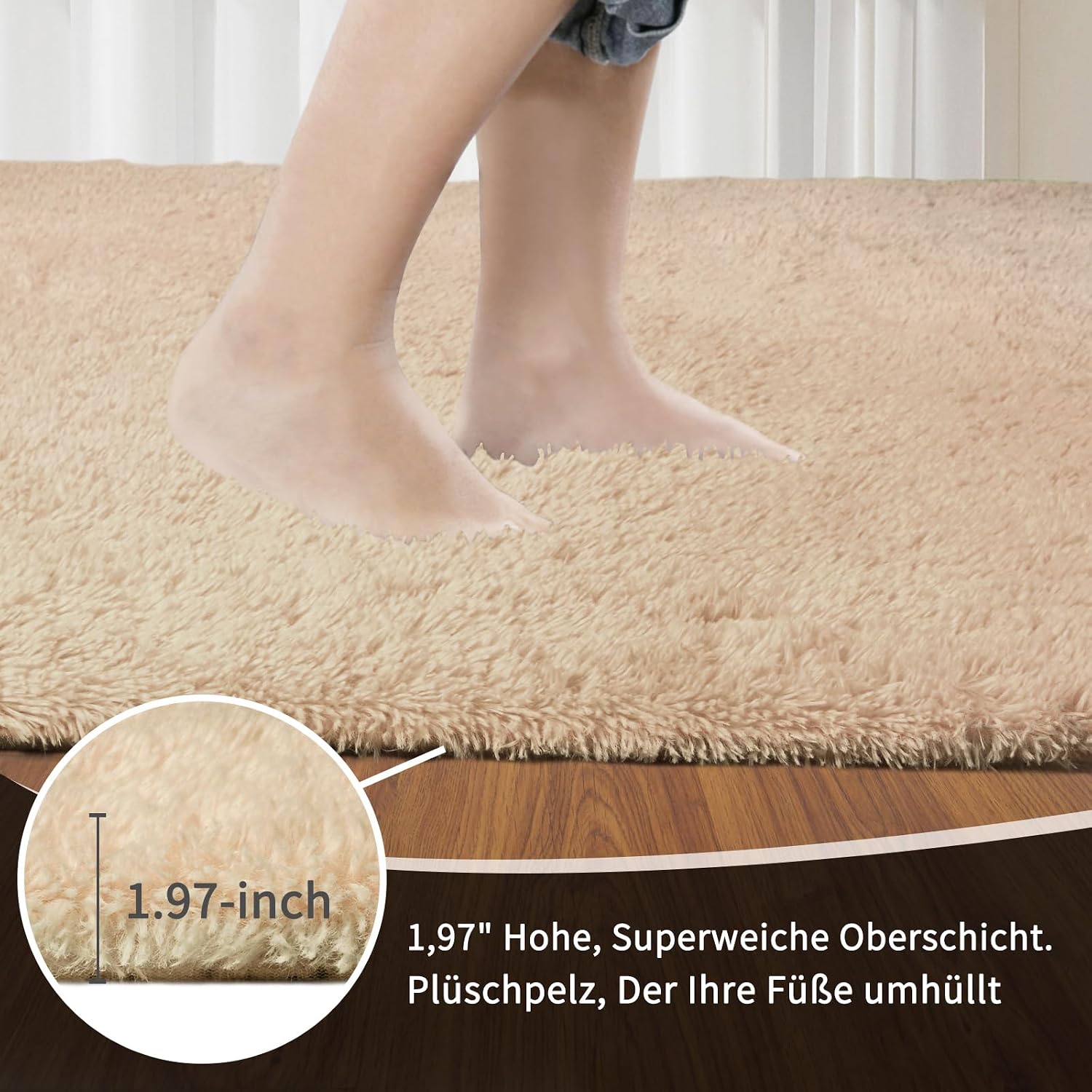Detalle de Sour Lemon Hochflor-Teppich in Beige (240x340 cm), waschbar, rutschhemmend