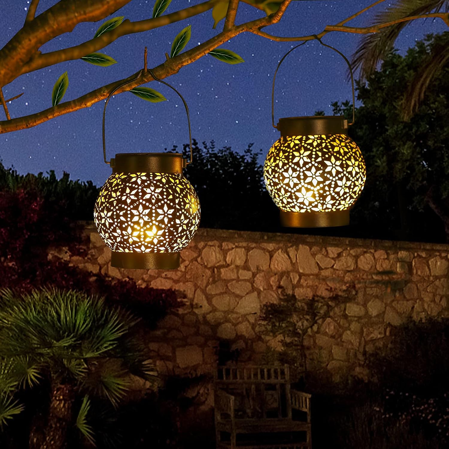 Detalle de Görvitor Solarlaterne für Außen (2er-Set) IP65 – Metall, warmweißes LED-Licht für Garten, Balkon & Terrasse