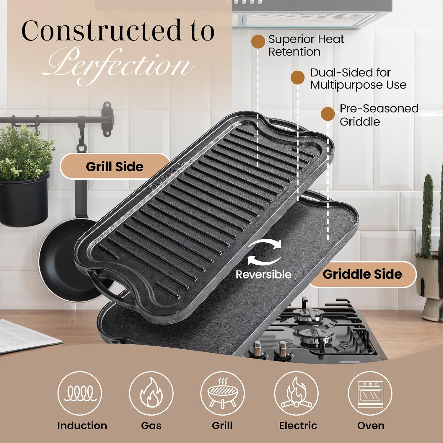 Detalle de Nuovva Cast Iron Griddle Pan for Gas Hob & BBQ – Double‑Sided, Pre‑Seasoned