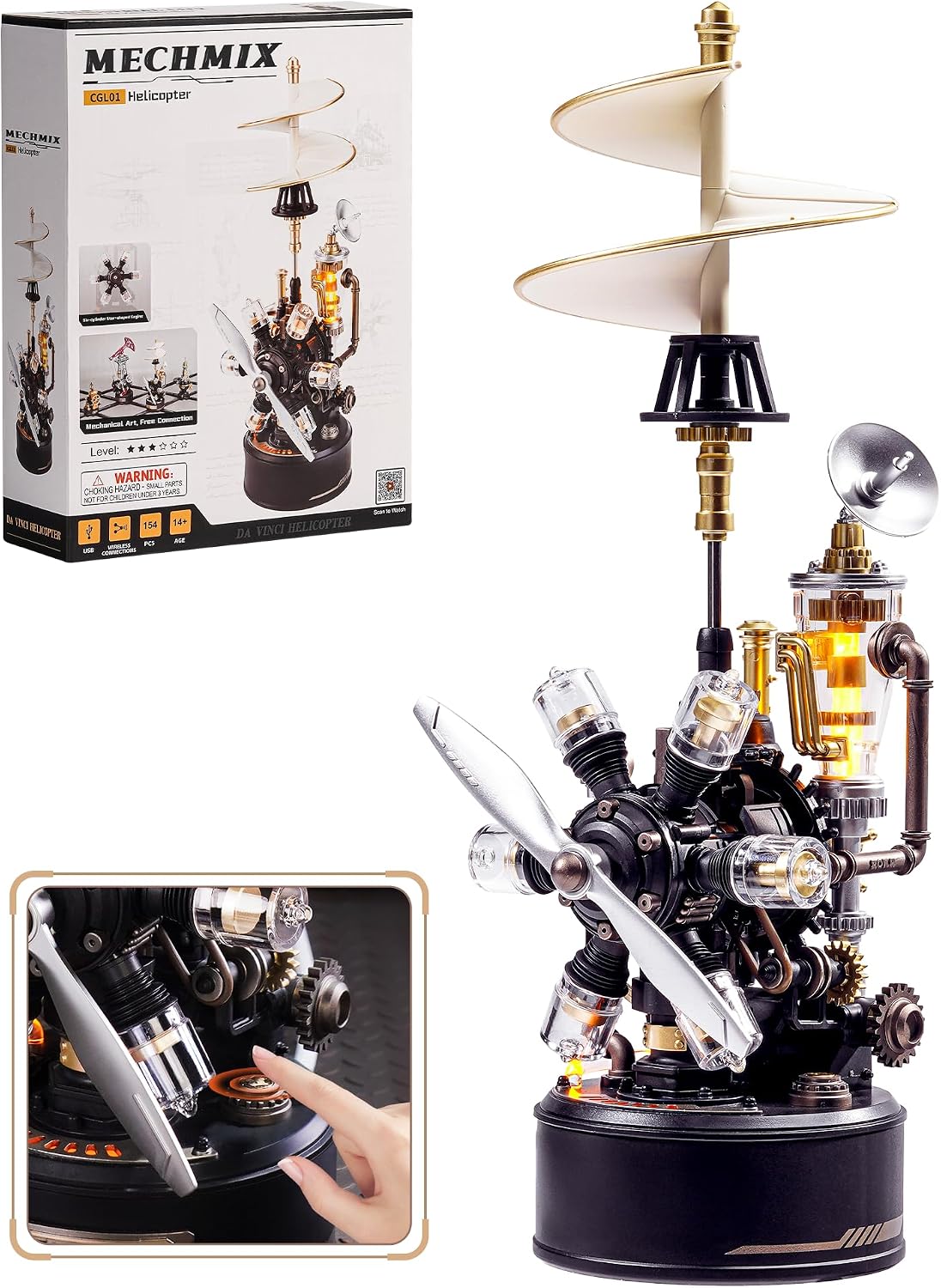 Detalle de ROBOTIME CGL01 3D-helikopterpussel med roterande rotorer och ljus