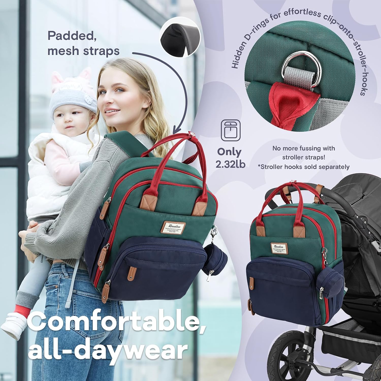 Thumbnail 6 de RUVALINO Diaper Bag Backpack: Multifunction Travel Backpack with Changing Pad, Insulated Bottle Holders & Pacifier Case (25L, Waterproof)