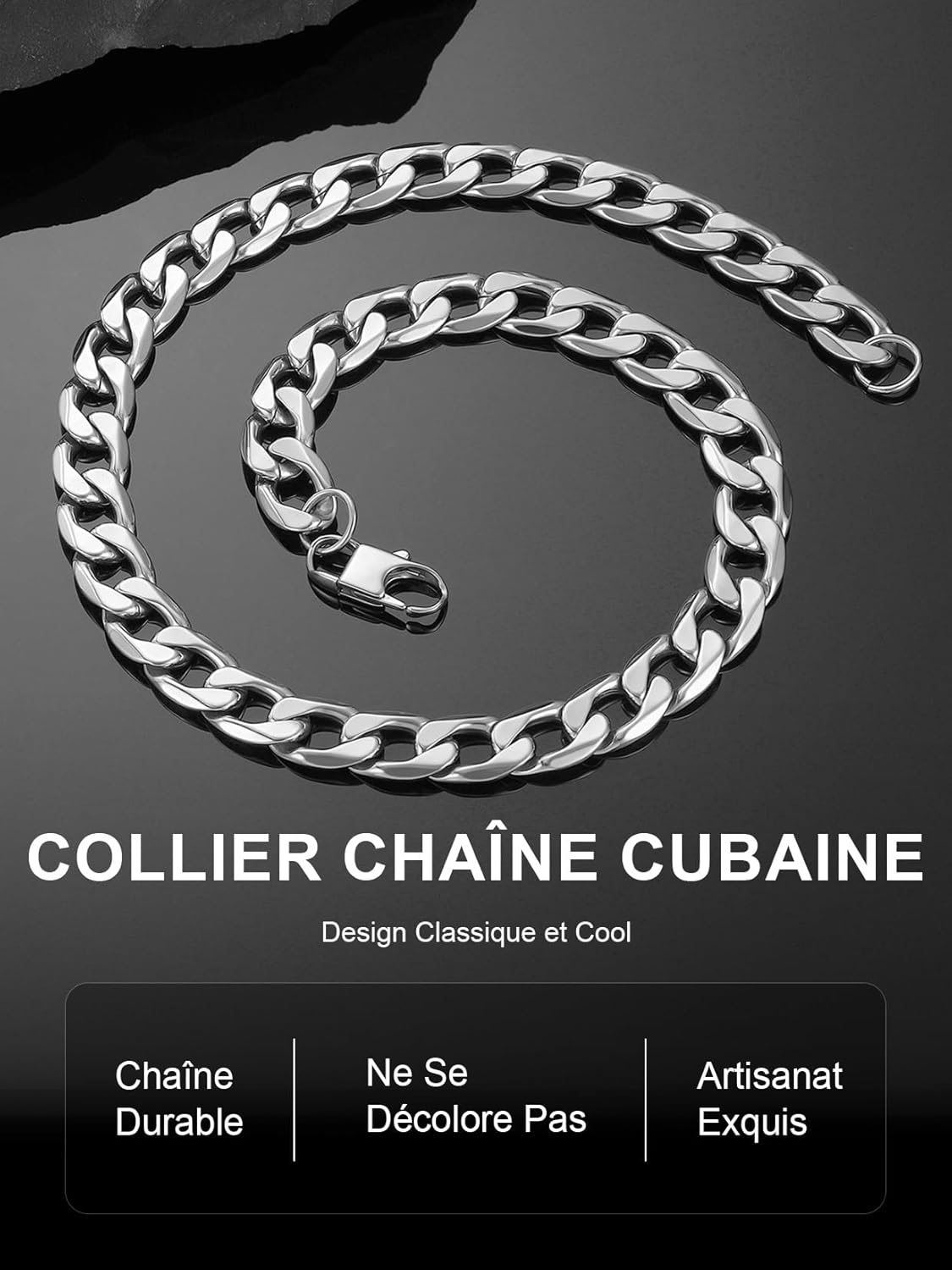 Thumbnail 4 de ChainsPro Chaîne cubaine en acier inoxydable 13 mm Cubaine Miami 46 à 76 cm argent/noir/or – coffret cadeau