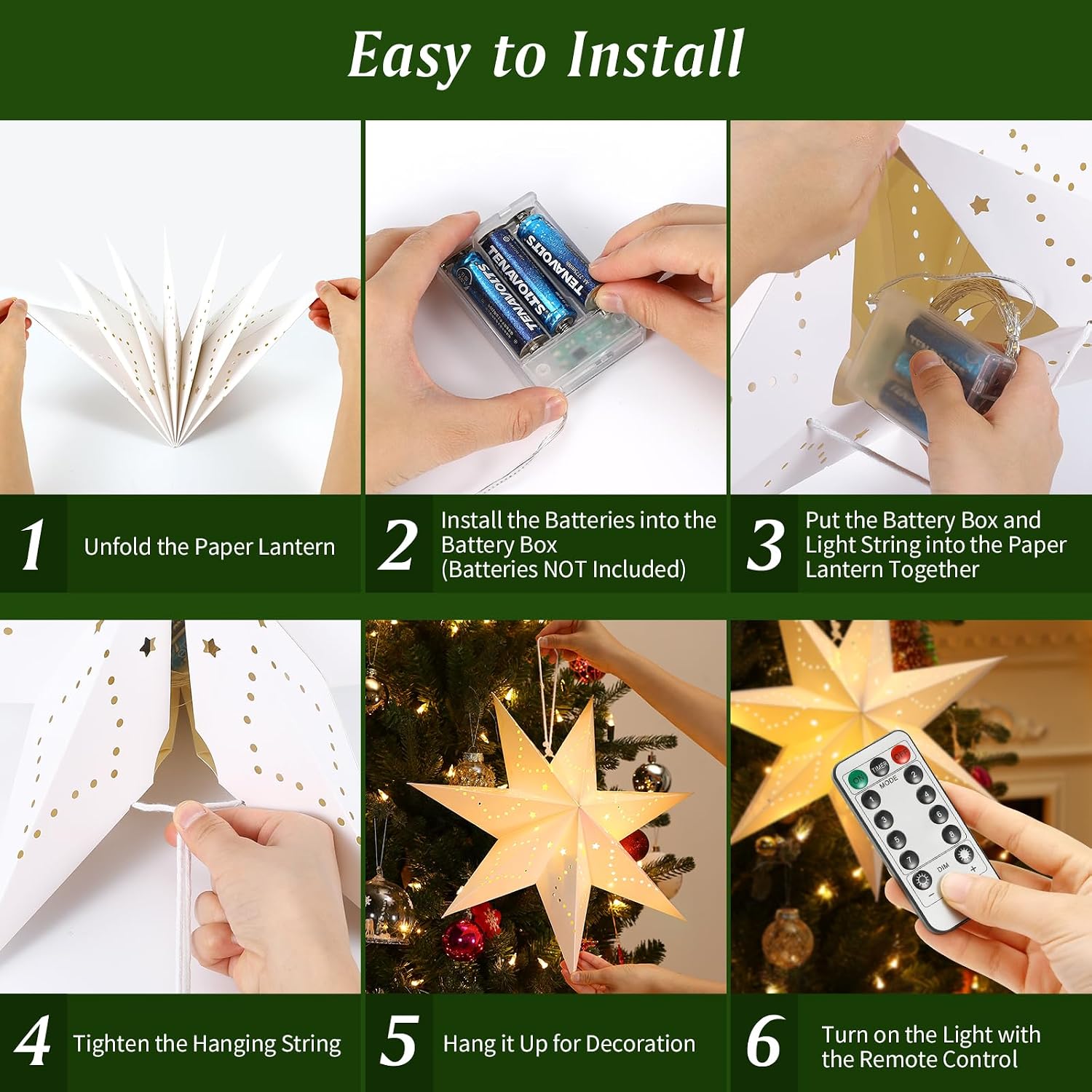 Detalle de Lewondr P723314210742 Christmas Paper Star Lantern 3-Pack with Remote