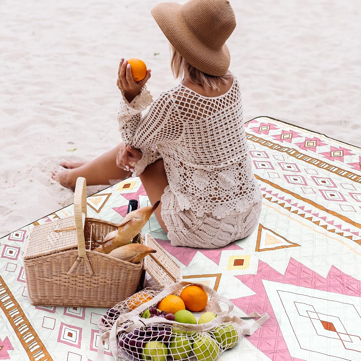 Detalle de LARUTAN Outdoor Picknickdecke „Cape Town“ 200x200 cm – strandfrei, tragbar & waschbar