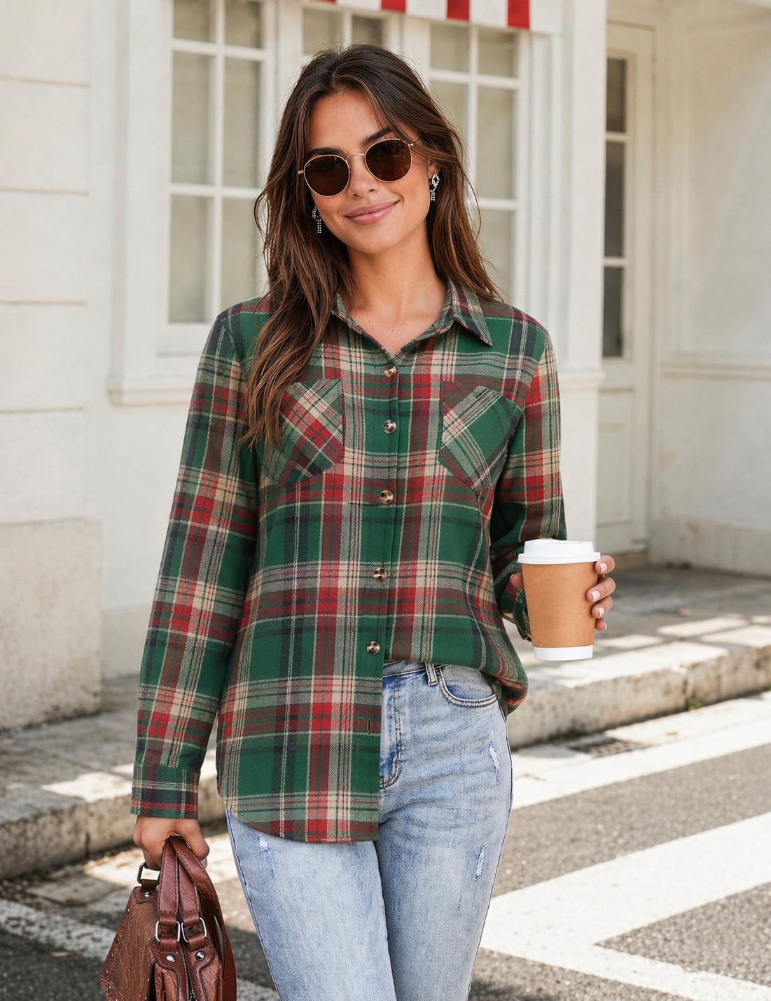Detalle de Zeagoo Women's Plaid Shirt, Polyester-Cotton Blend