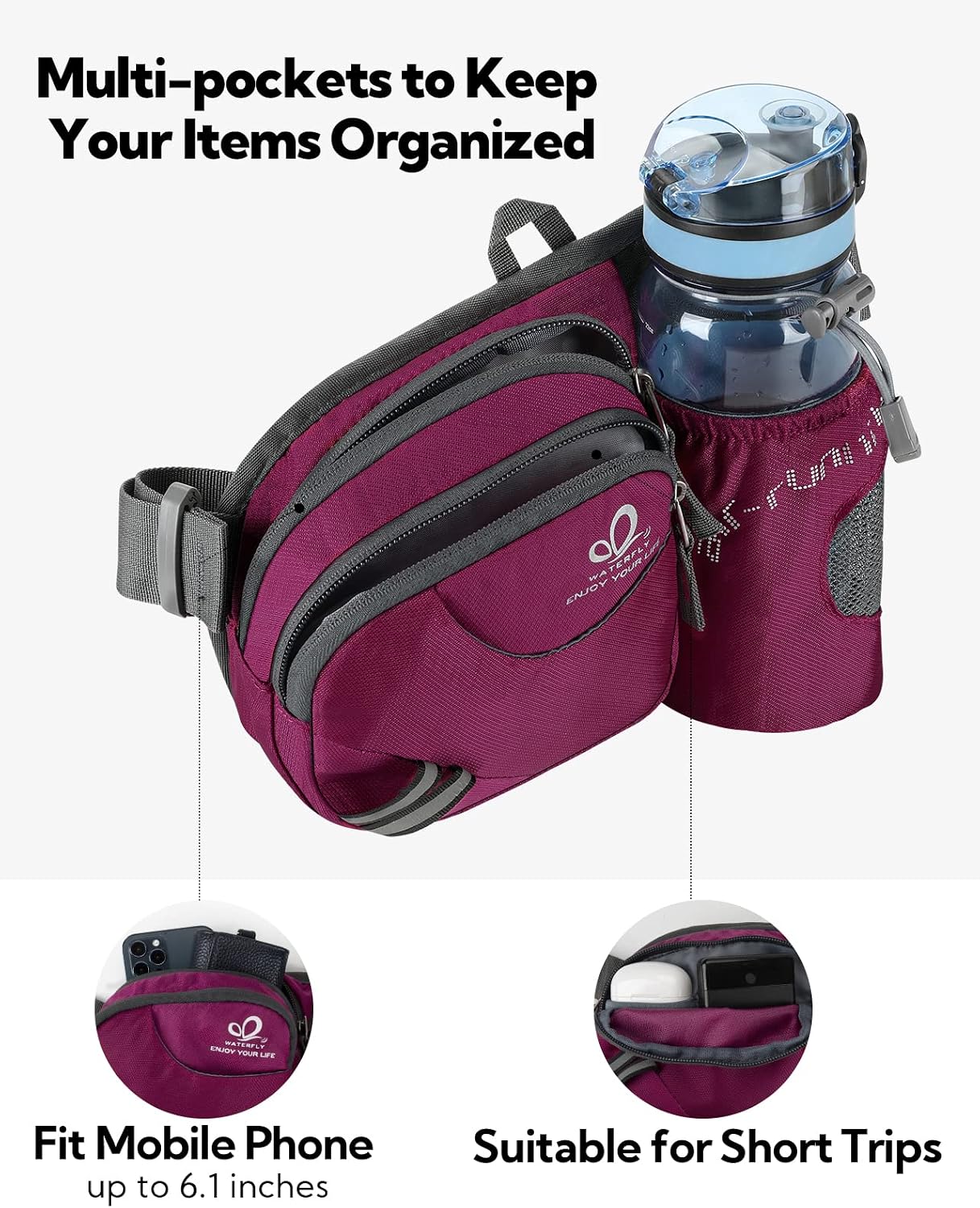 Detalle de Waterfly Gürteltasche/Bauchtasche mit Flaschenhalter – wasserdicht, atmungsaktiv & verstellbar für Sport und Outdoor