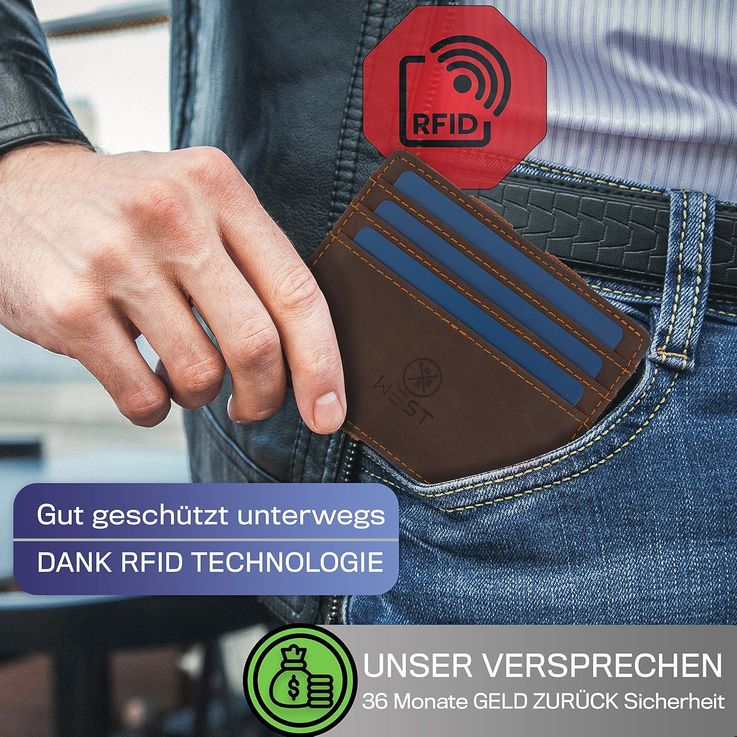 Detalle de WEST Magic Wallet (Klassiker) mit großem Münzfach – RFID Datenschutz Geldbeutel inkl. Geschenkbox in Braun/Orange