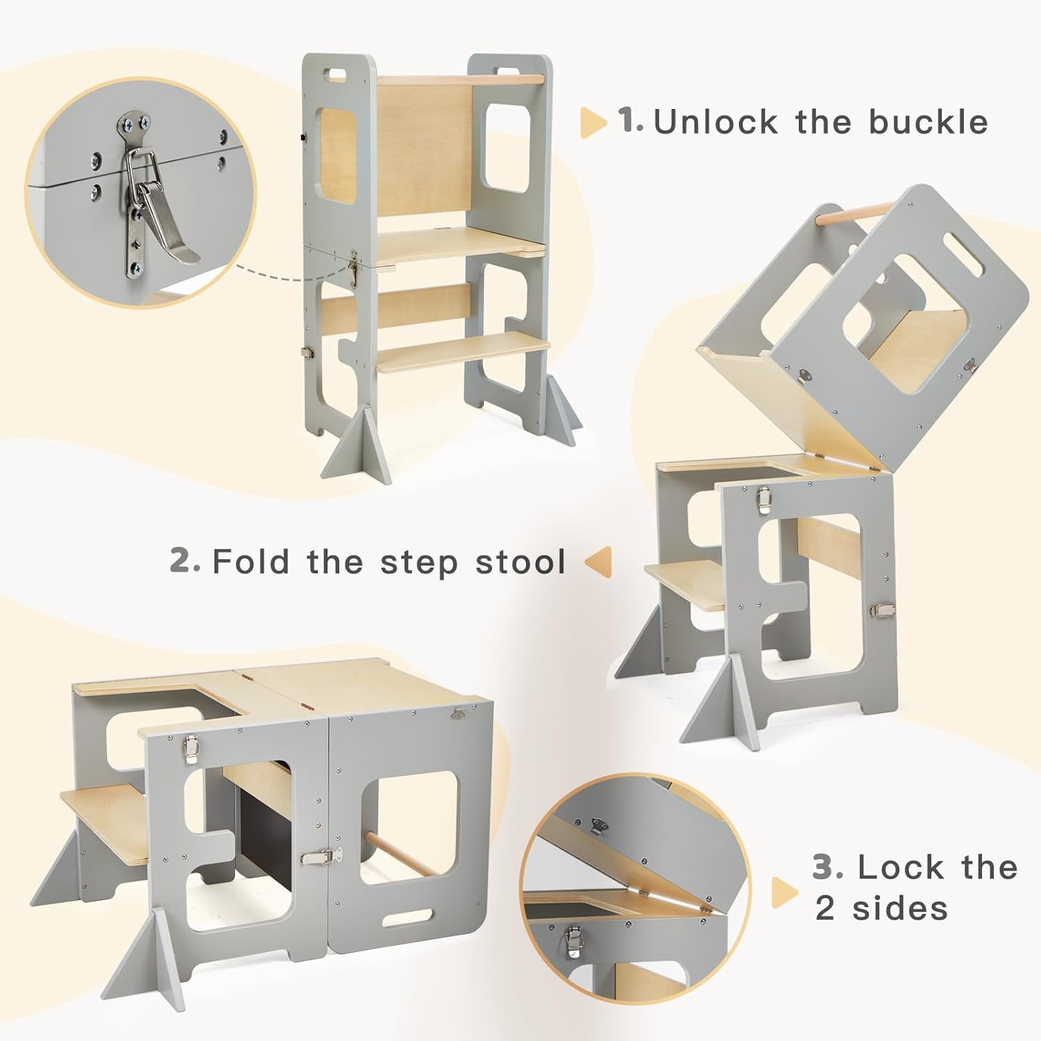 Thumbnail 4 de labebe Torre Montessori pieghevole 3 in 1 con lavagna, learning tower per bambini a partire da 1 anno (Grau)