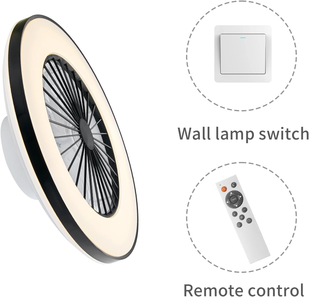 Detalle de BKZO Modern LED Ceiling Light with Fan (50cm, Black Frame) – 24 Speeds, 3000–5500K, Stepless Dimming