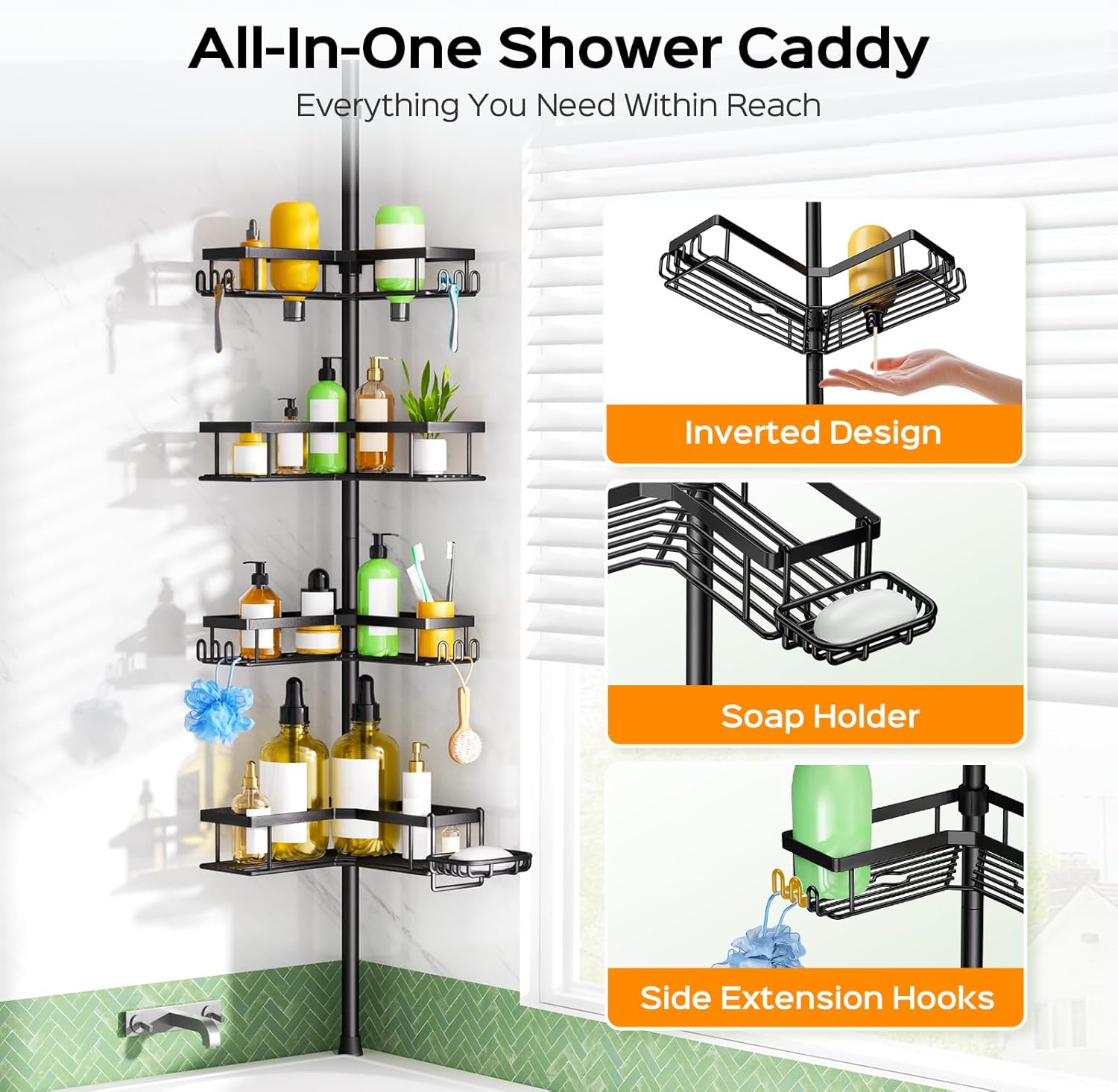 Detalle 2 de HAMITOR Shower Caddy Tension Pole: 4-Tier Corner Rustproof Organizer (No-Drill, 47.71"–123.6" Adjustable) for Renters