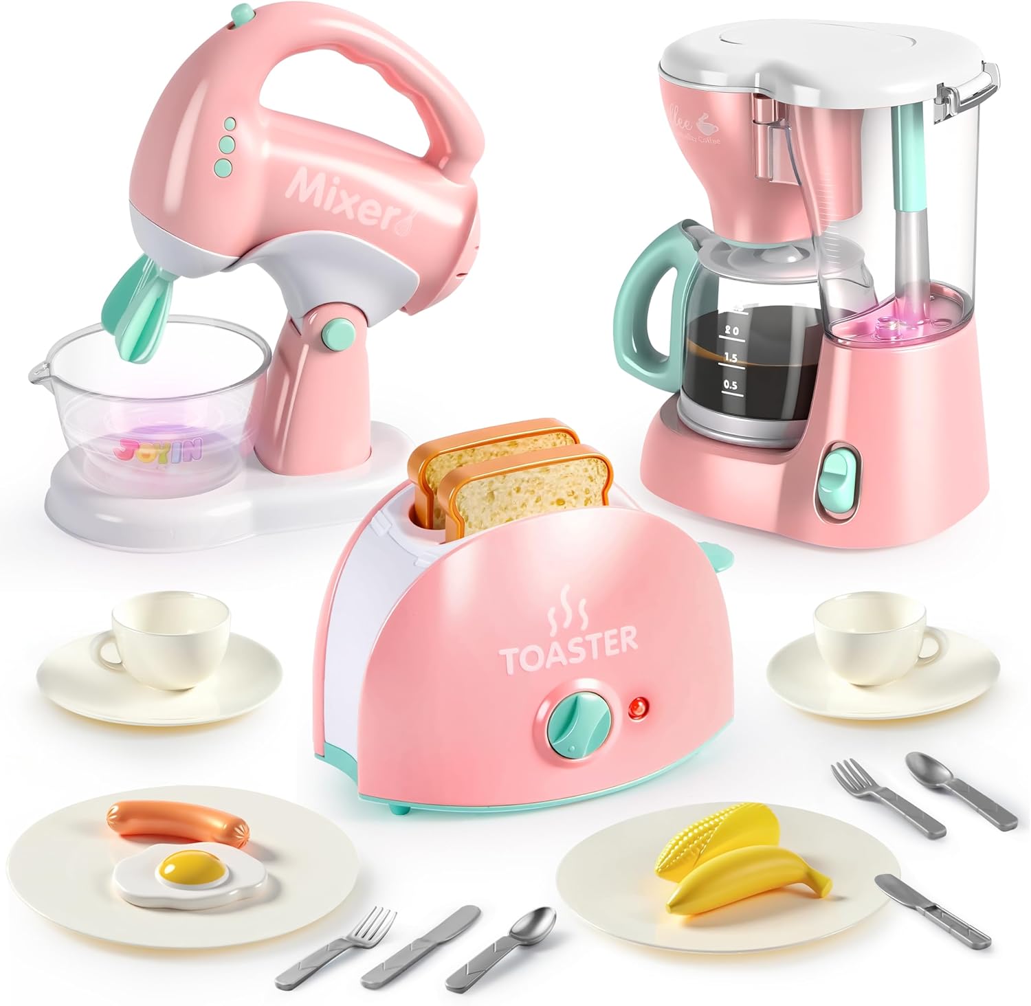 Detalle de JOYIN Educational Kitchen Toy Set for Kids – Pink Role Play Appliances with Coffee Maker, Toaster & Blender