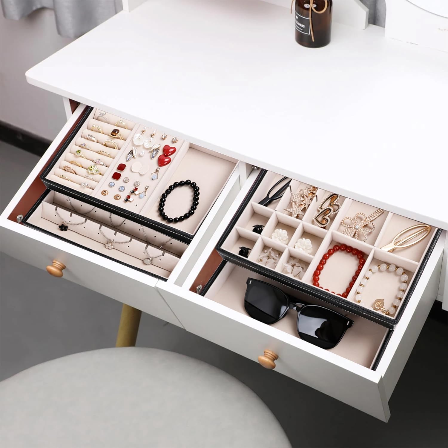Detalle de Boxudeli Schmucktablett mit 5 Ebenen, stapelbar und abnehmbarer Deckel (Schwarz)