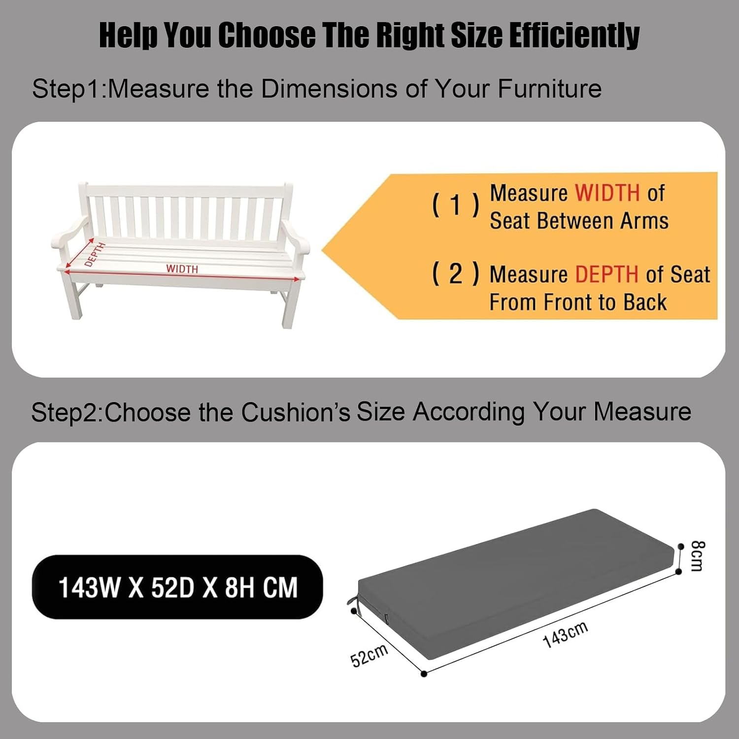 Detalle de PRIMEPATIO 8cm memory foam outdoor garden bench cushion (dark grey) with waterproof cover and ties