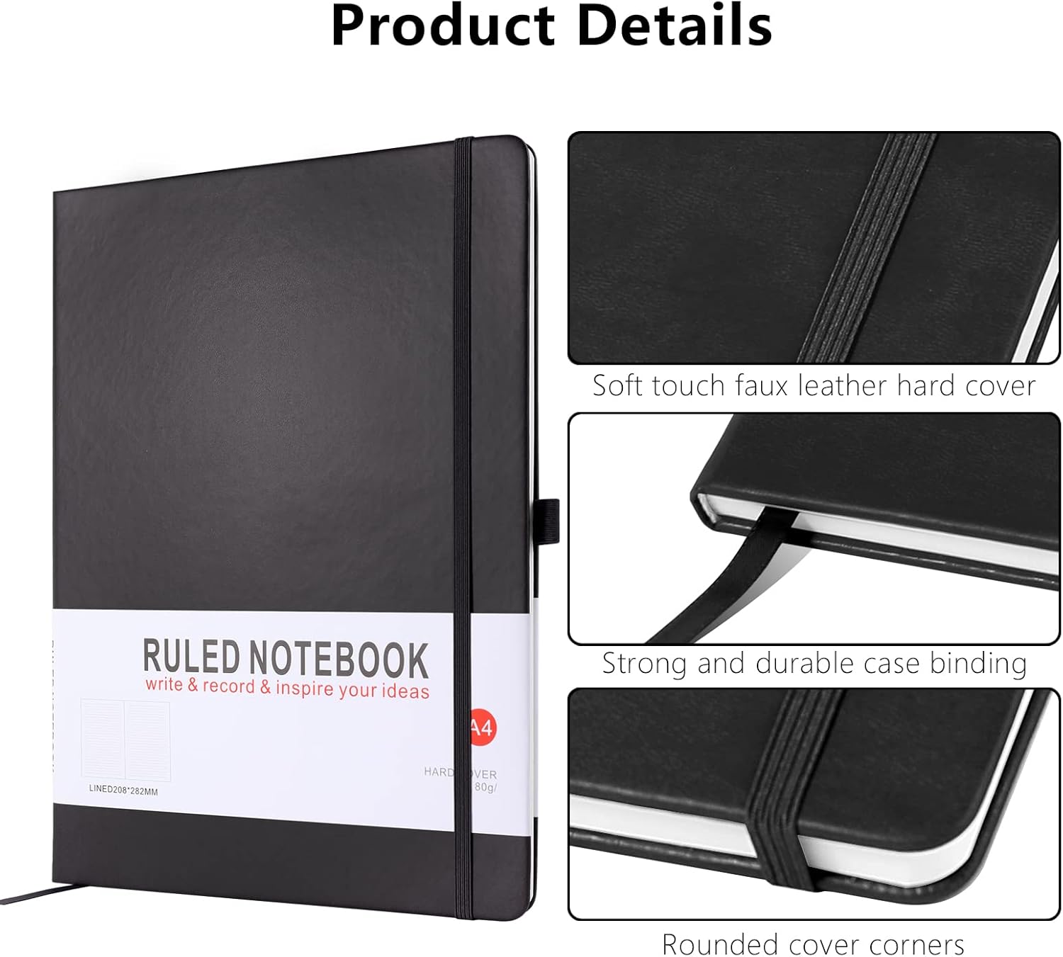 Detalle de HIJYOO A4 Hardcover Notebook (160 pages) with Elastic Closure, Bookmark & Pen Loop, Black