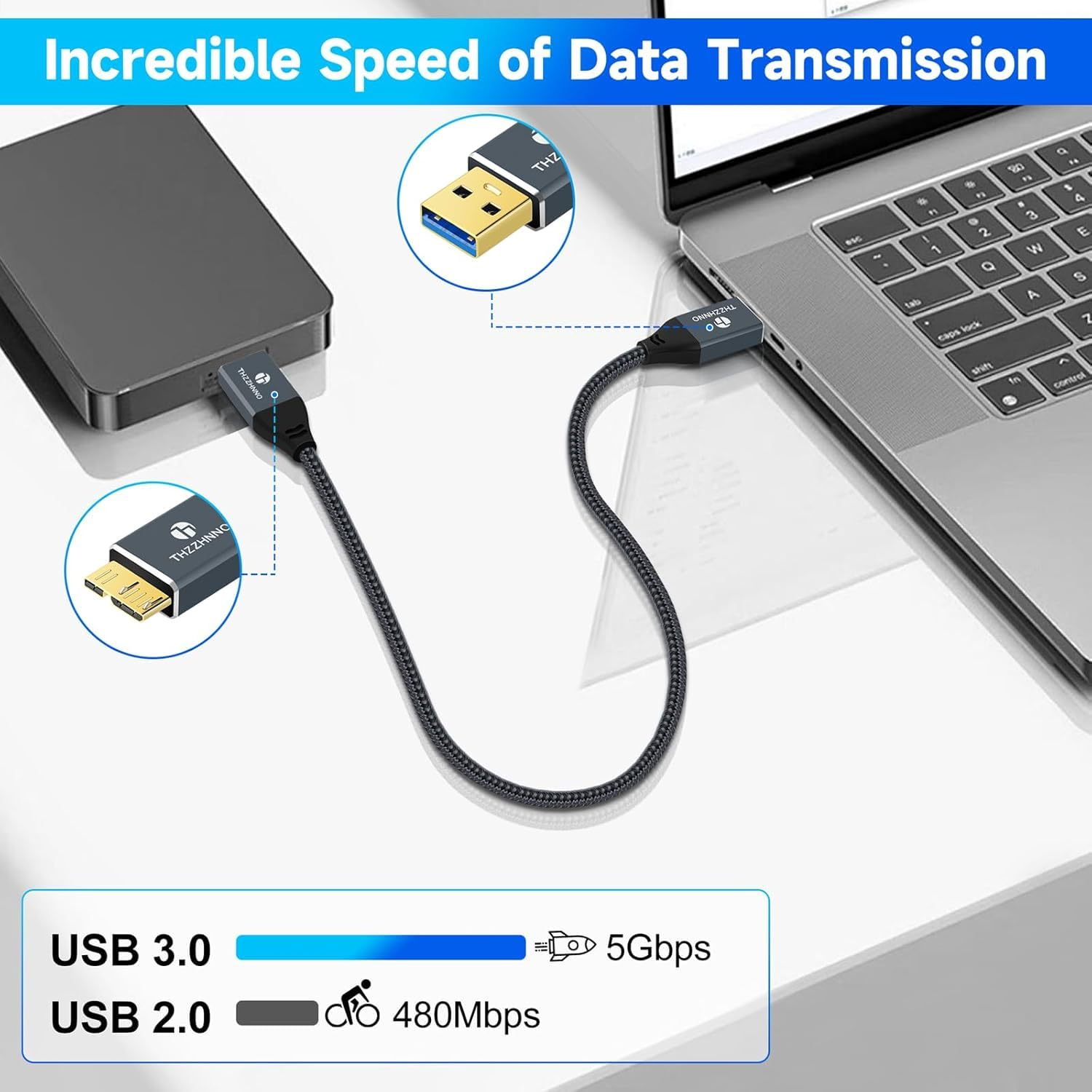 Detalle 2 de USB 3.0 Micro-B Kabel 1 m (Typ A auf Micro B) mit 5 Gbit/s für Samsung Galaxy S5/Note 3 & USB-3.0 Festplatten