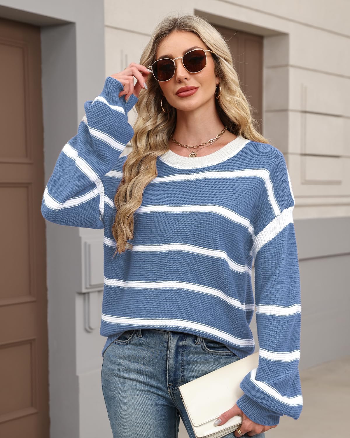 Detalle 2 de Quatrefox Gestreifter Damen-Pullover mit Rundhals und Langarm im Loose-Fit