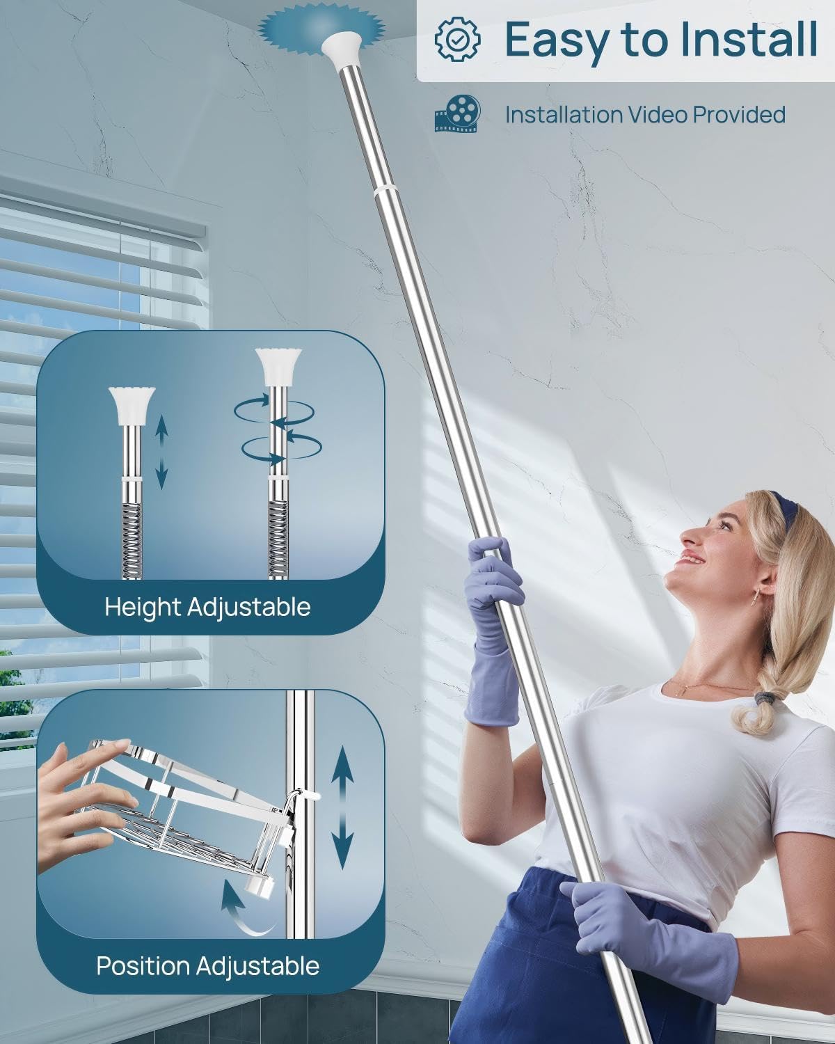 Detalle 2 de SEIRIONE Rustproof Shower Corner Caddy Organizer with Tension Pole, 4 Adjustable Shelves