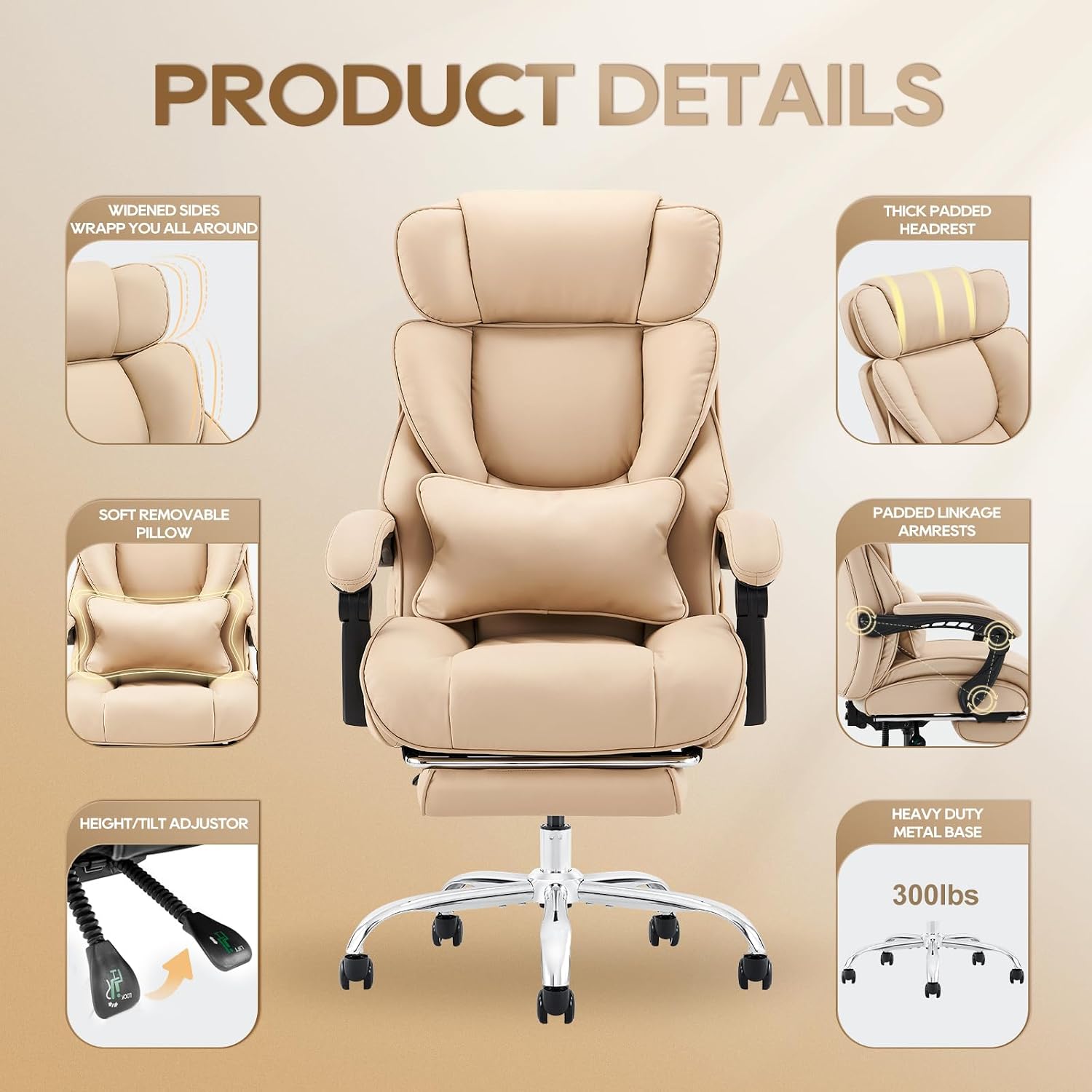 Thumbnail 4 de COLAMY 6754 High-Back Office Chair with Footrest, Recline and Khaki Bonded Leather