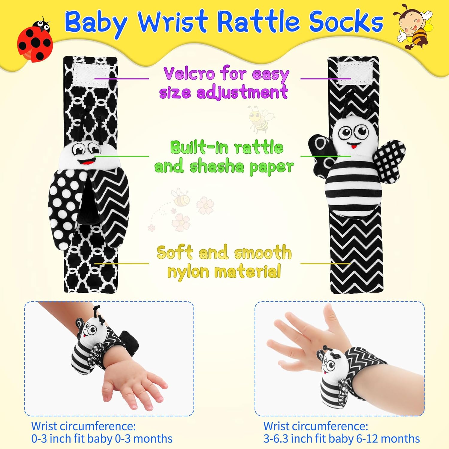 Thumbnail 1 de Baby Toys 0-6 Months Foot Finders & Wrist Rattles (Black and White Sensory Toys) – 4pc Set