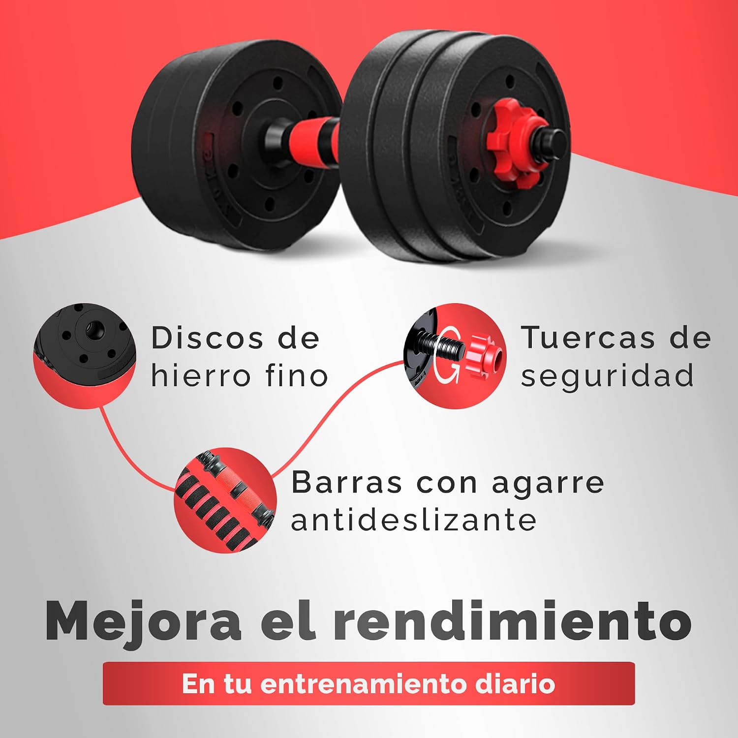Detalle de JUPPLIES Juego de Mancuernas Ajustables 2 en 1 – Kit 20 kg con Barra Recta, Discos Recubiertos y Agarre Antideslizante