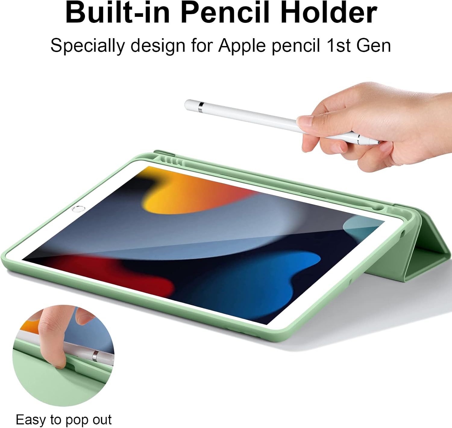 Detalle de Vobafe Case for iPad 9th/8th/7th Generation 10.2-inch (2021/2020/2019) in Green with Pencil Holder and Auto Wake/Sleep