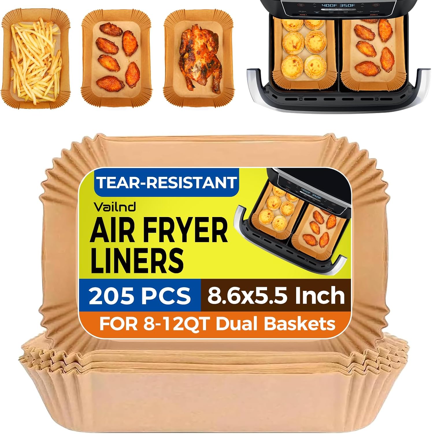 Detalle de vailnd V-200-RE8 Disposable Air Fryer Liners, 200 Rectangle Sheets