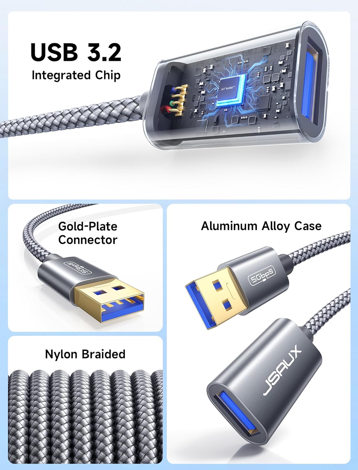 Thumbnail 3 de JSAUX USB-3.0-Verlängerungskabel 2 m (USB-A Stecker auf USB-A Buchse) mit 24K vergoldeten Kontakten