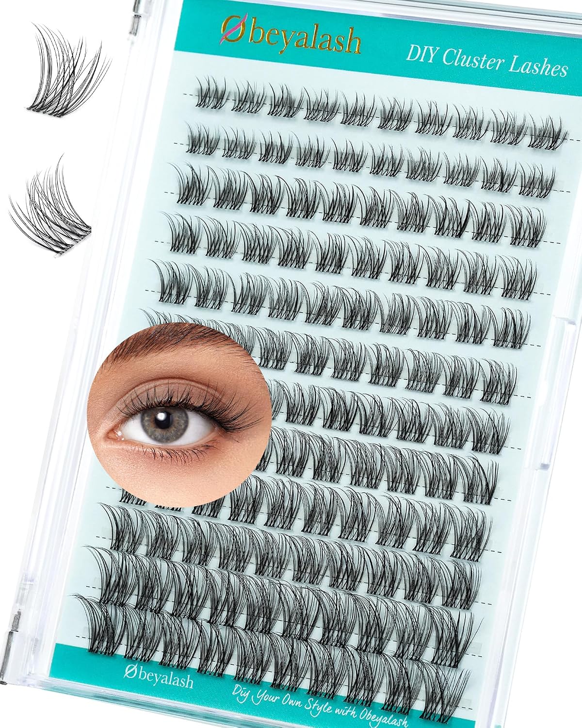 Detalle de Obeyalash Lash Cluster Extensions (C Curl, 8-16 Mix) „Natural Look“ für Cat-Eye – 120 Stück, Clear Band, DIY