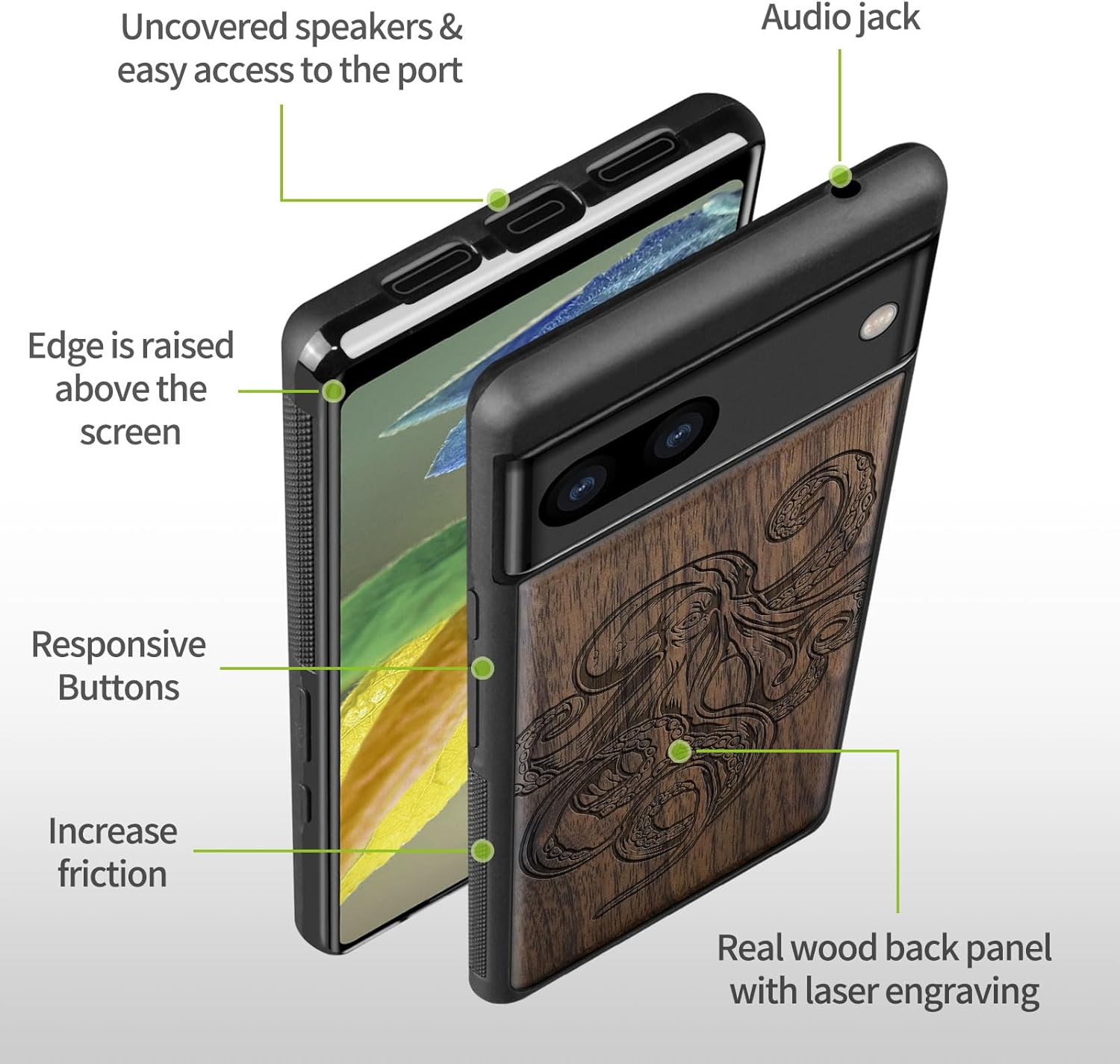 Thumbnail 6 de Carveit Wood Case for Pixel 8a — Natural Wood & Black Soft TPU, Walnut Octopus Engraving