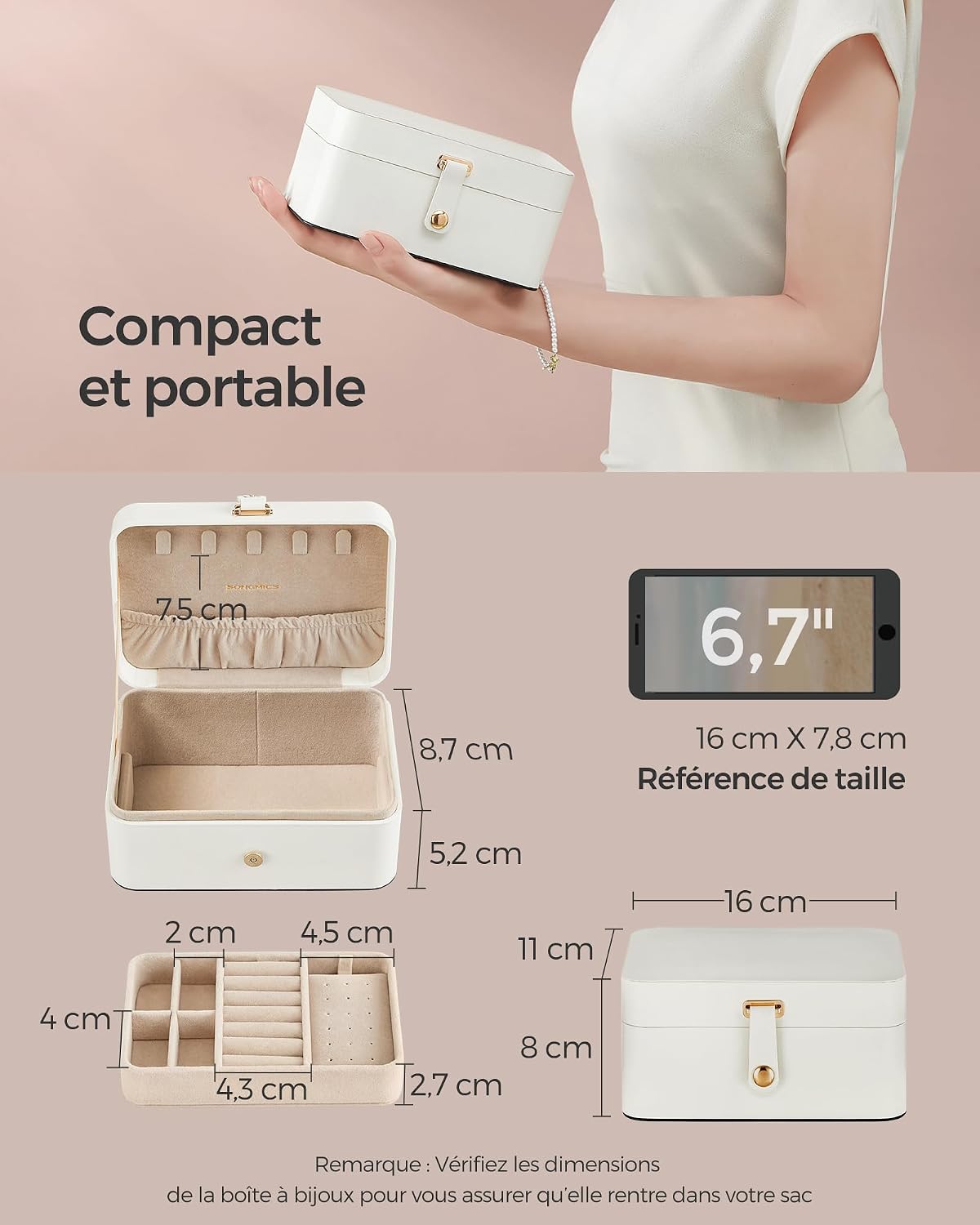 Detalle de SONGMICS Boîte à Bijoux de Voyage GISELLA, écrin portable à 2 niveaux (11 x 16 x 8 cm) – Blanc Nuage