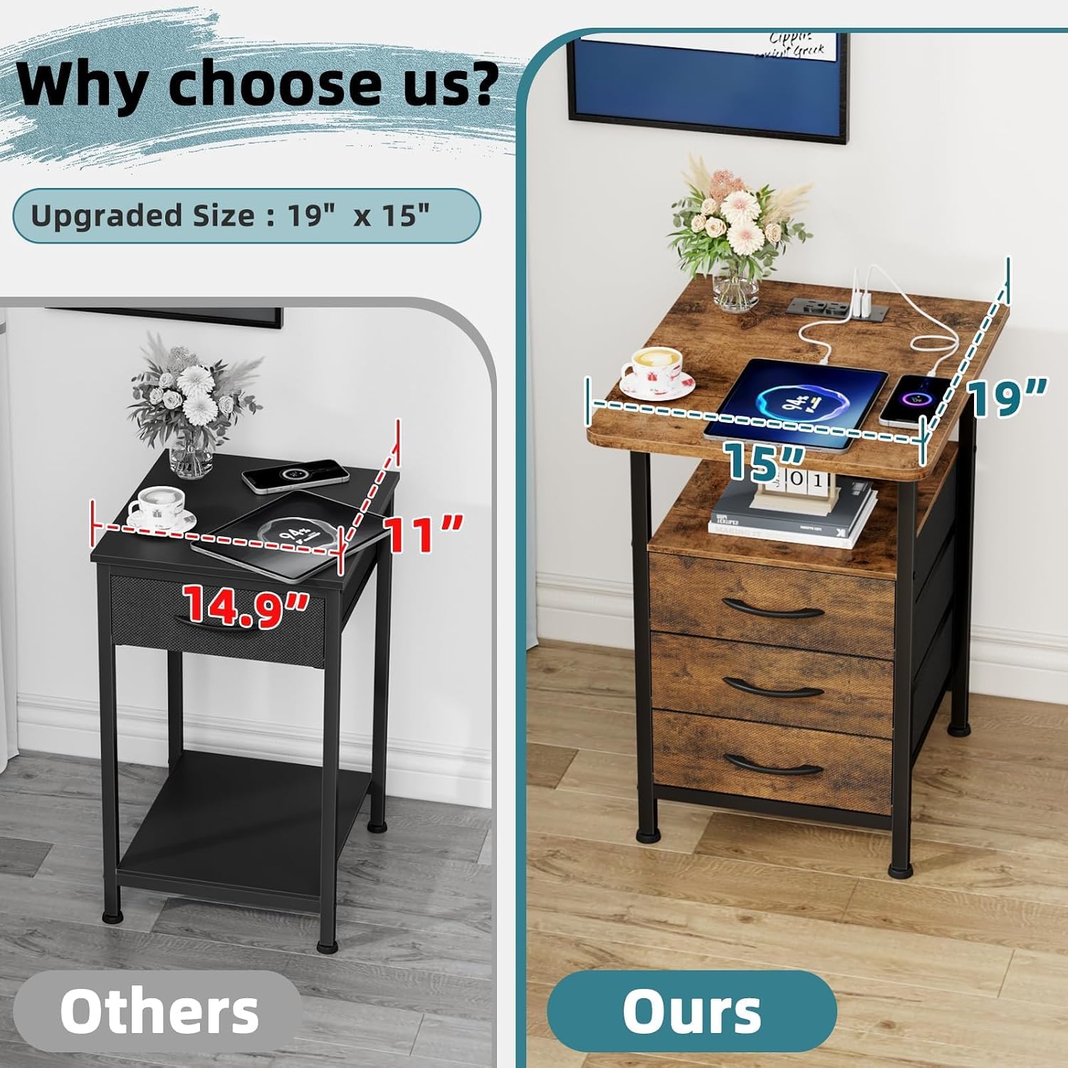 Detalle de GYIIYUO Nightstand with 3 Fabric Drawers, Charging Station, Rustic Brown
