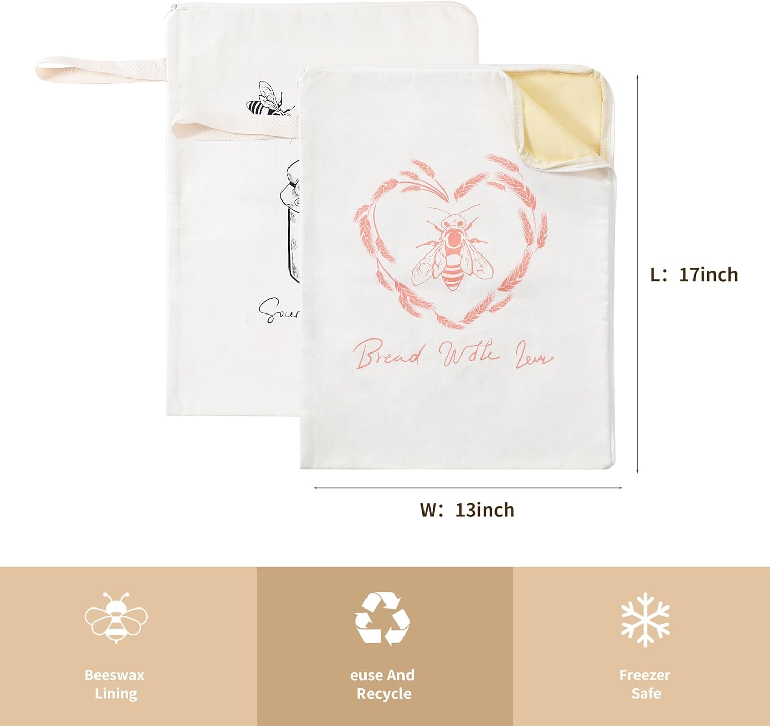 Thumbnail 6 de WiNDANCE Wide Zipper Access Beeswax Bread Bags (XL) — Reusable Beeswax Linen Cotton Sourdough Bags, 2-Pack