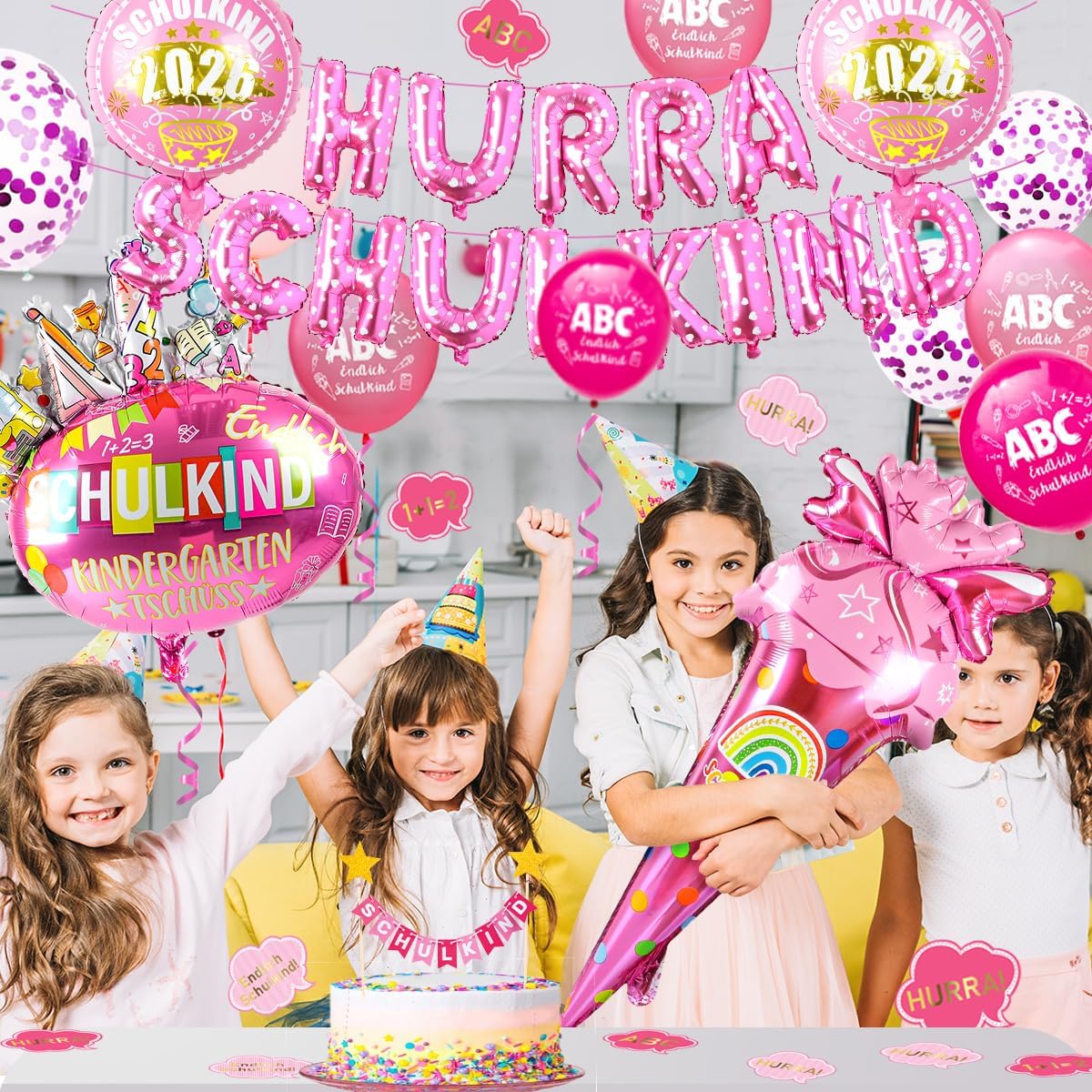 Detalle de iZoeL Schulkind Deko Set Einschulung Mädchen – HURRA SCHULKIND Girlande, 2026 Folienballons und Zuckertüten-Deko