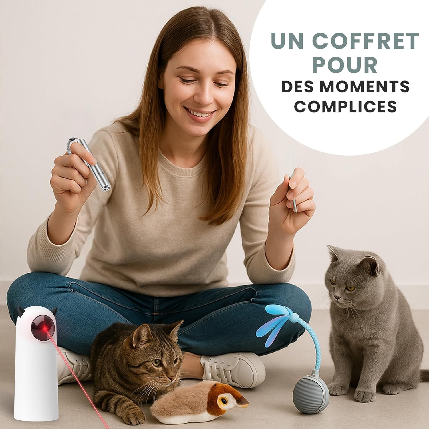 Detalle 2 de Pet Stufff Coffret 4 Jouets Interactifs pour Chat — Laser Automatique, Pointeur Manuel, Balle Interactive et Oiseau Volant avec Catnip