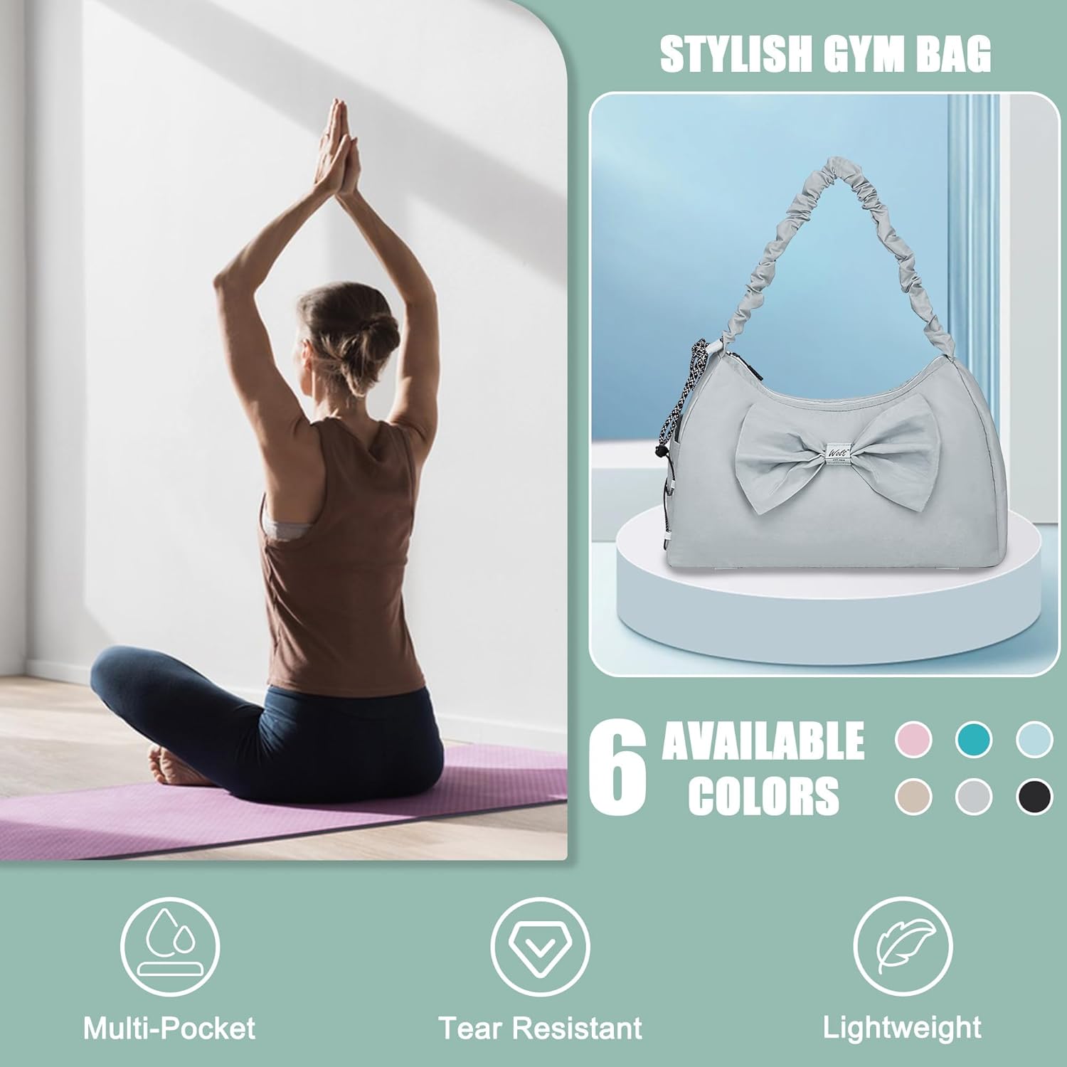 Detalle de Gym Bag Womens with Shoe Compartment and Yoga Mat Bag (46 x 18 x 30 cm) – Water-Resistant, Wet Pocket, Bottle Holder