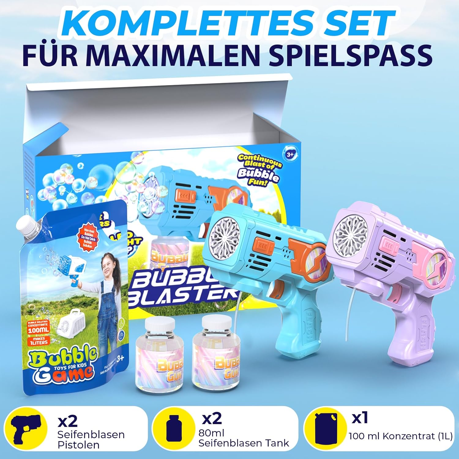 Thumbnail 6 de Blubbel 2X Seifenblasenpistole Set – LED-Schaumbläser mit 80 ml Flüssigkeit und 10000+ Blasen pro Minute
