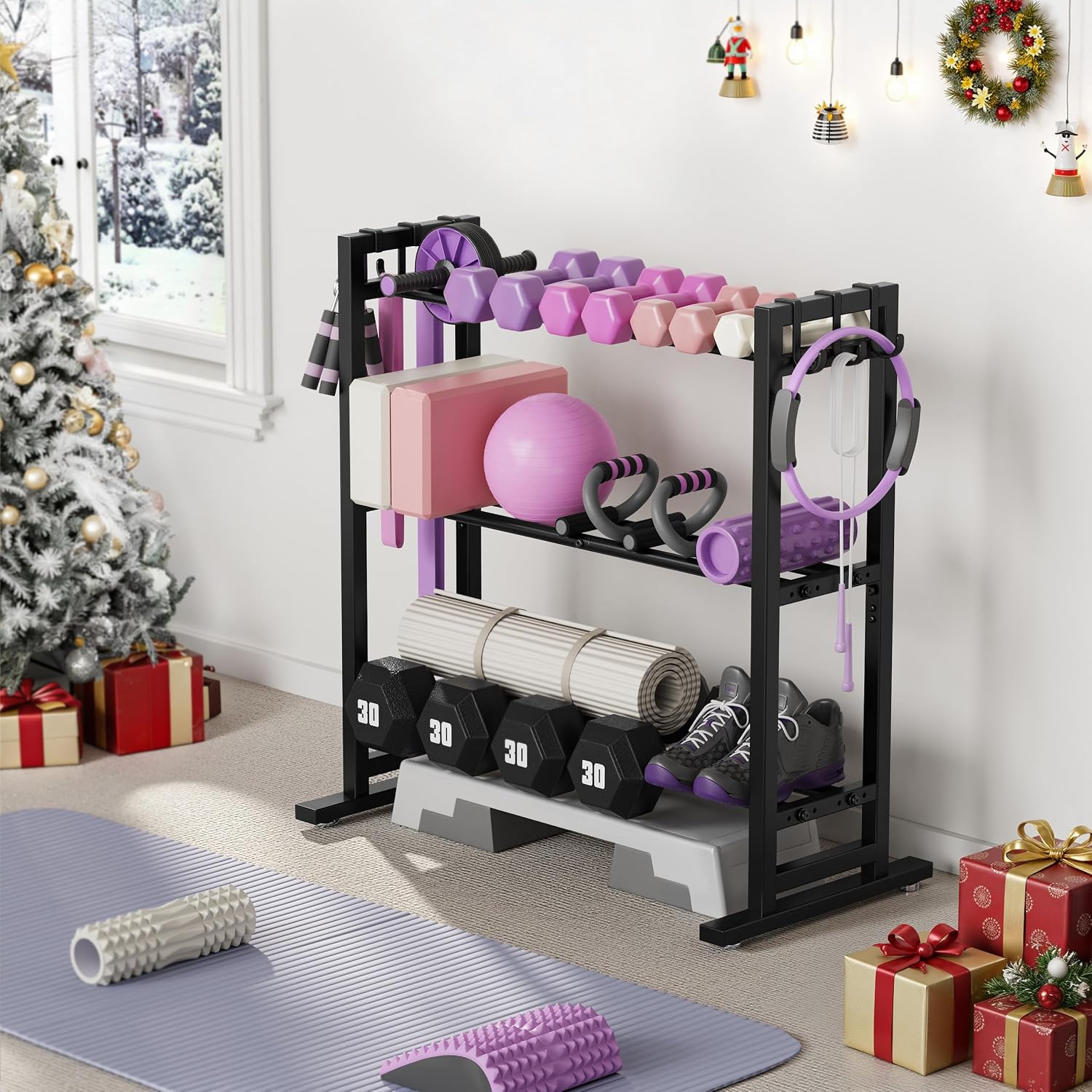 Detalle 2 de niffgaff 3 Tier Adjustable Dumbbell Rack with Extended Base and Movable Hooks (450 lb capacity)